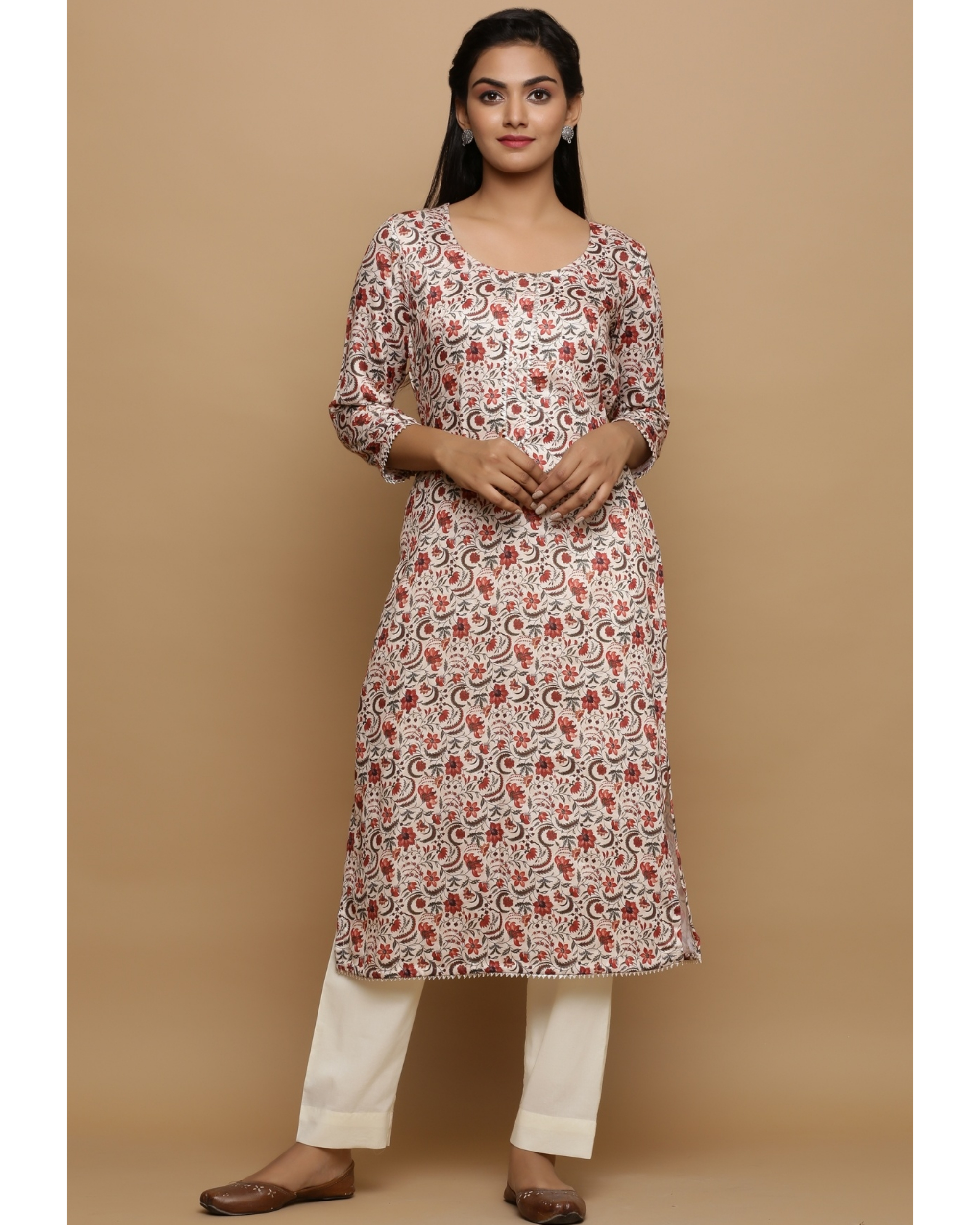 White and brown floral printed kurta by Gazal Pareek | The Secret Label