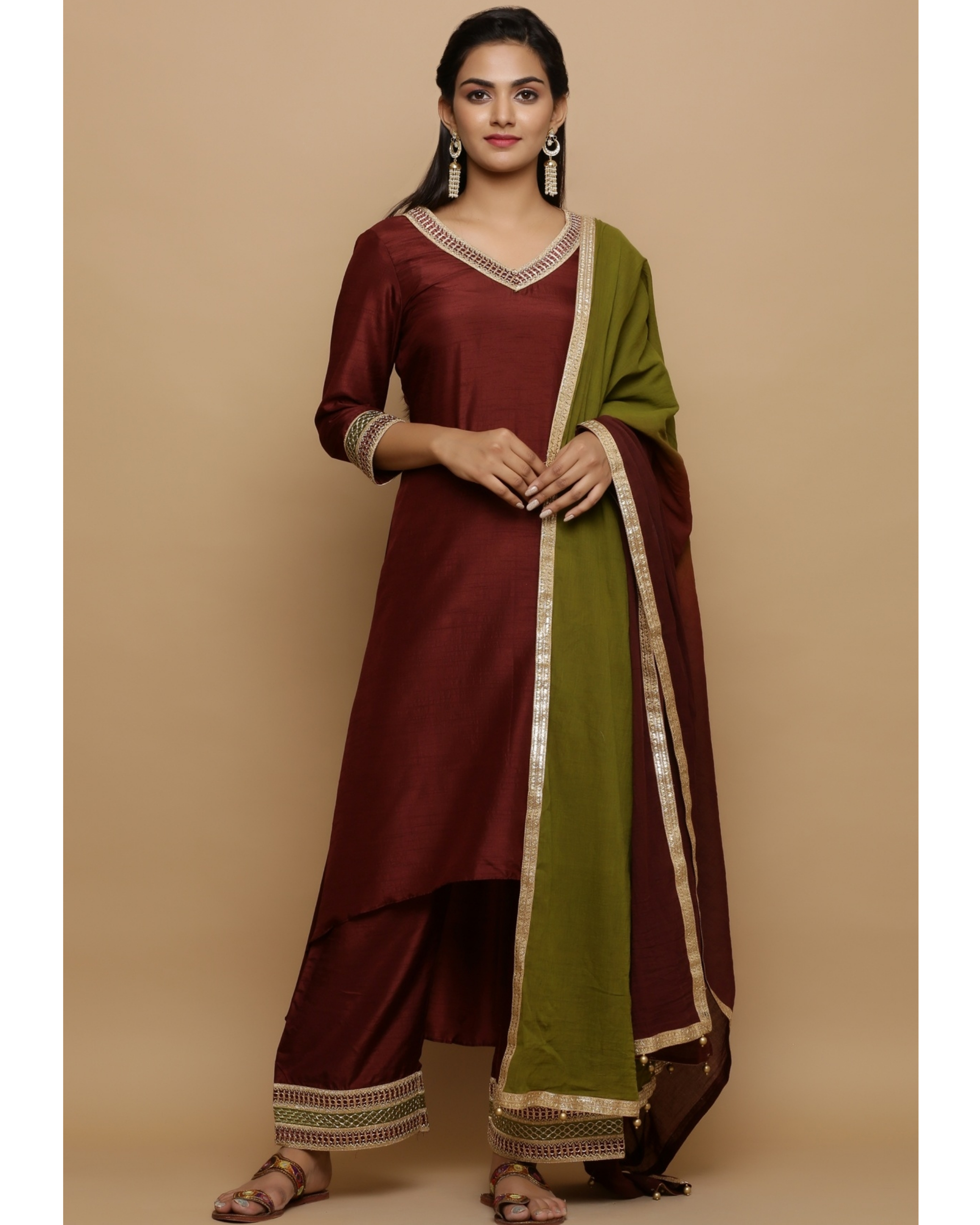 Wine red high low kurta and pants with moss green dupatta- set of three ...