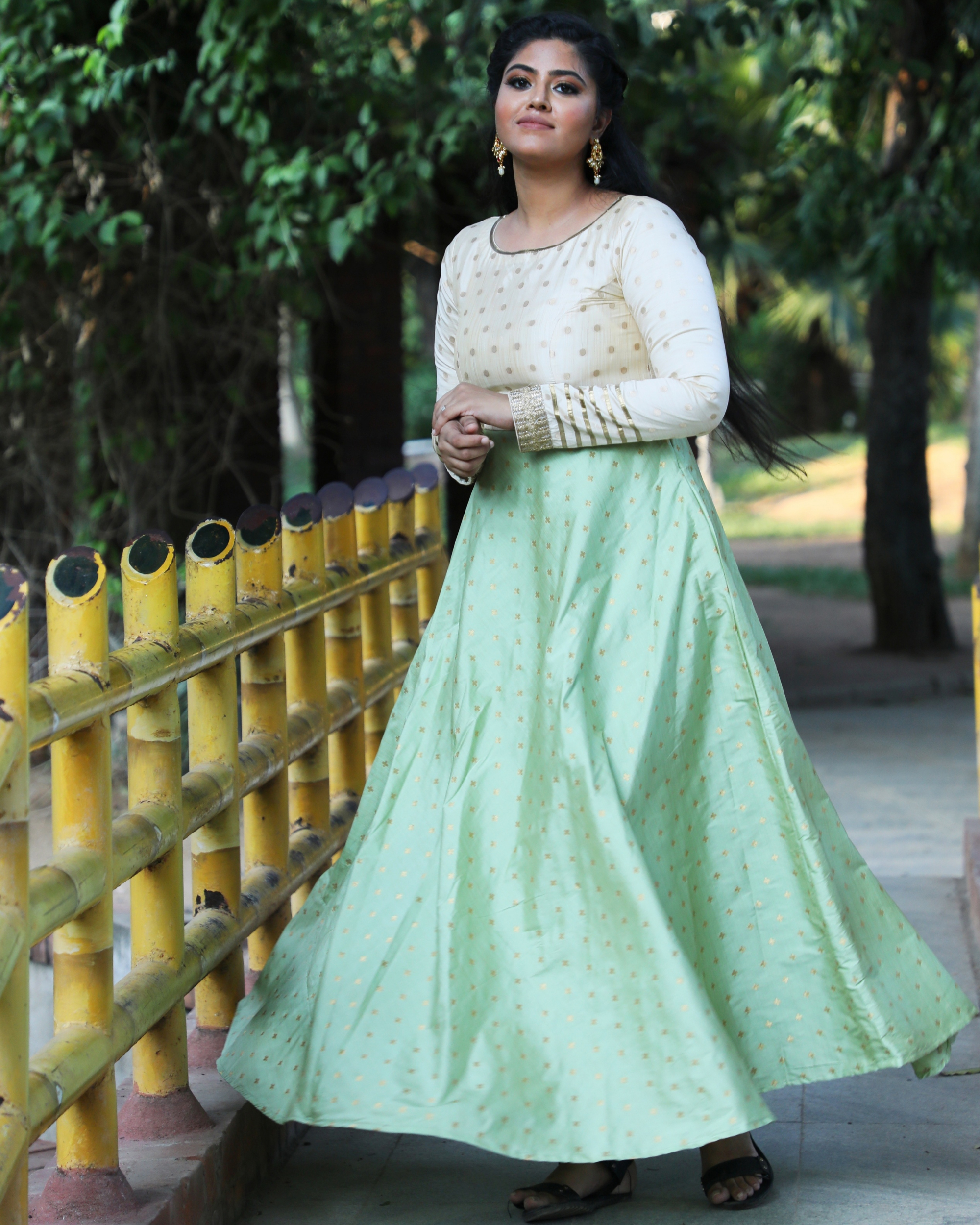 Pastel green and off white brocade ...