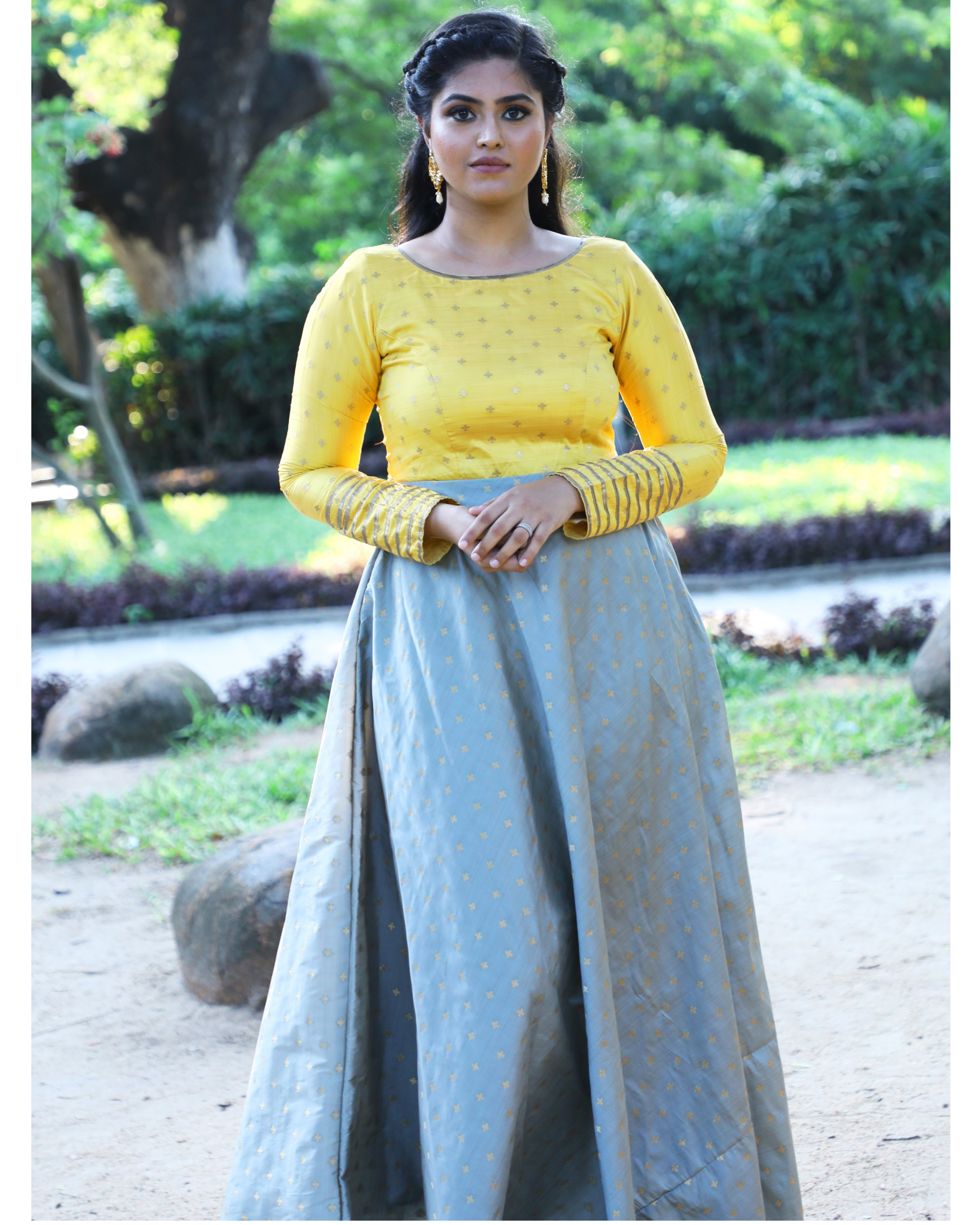 Yellow and grey brocade dress by Ekanta The Secret Label