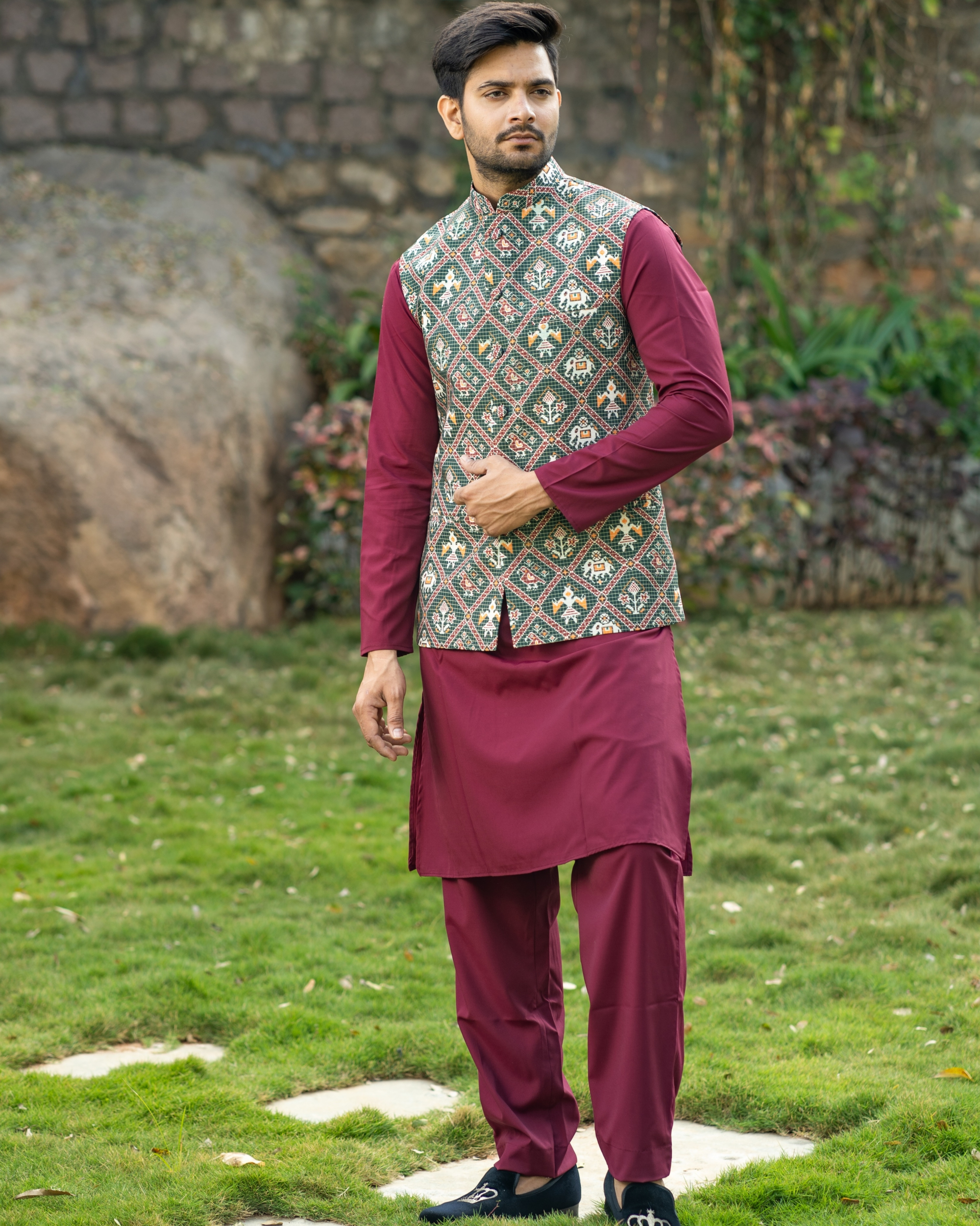 Maroon kurta and pyjama with patola printed nehru jacket- set of three