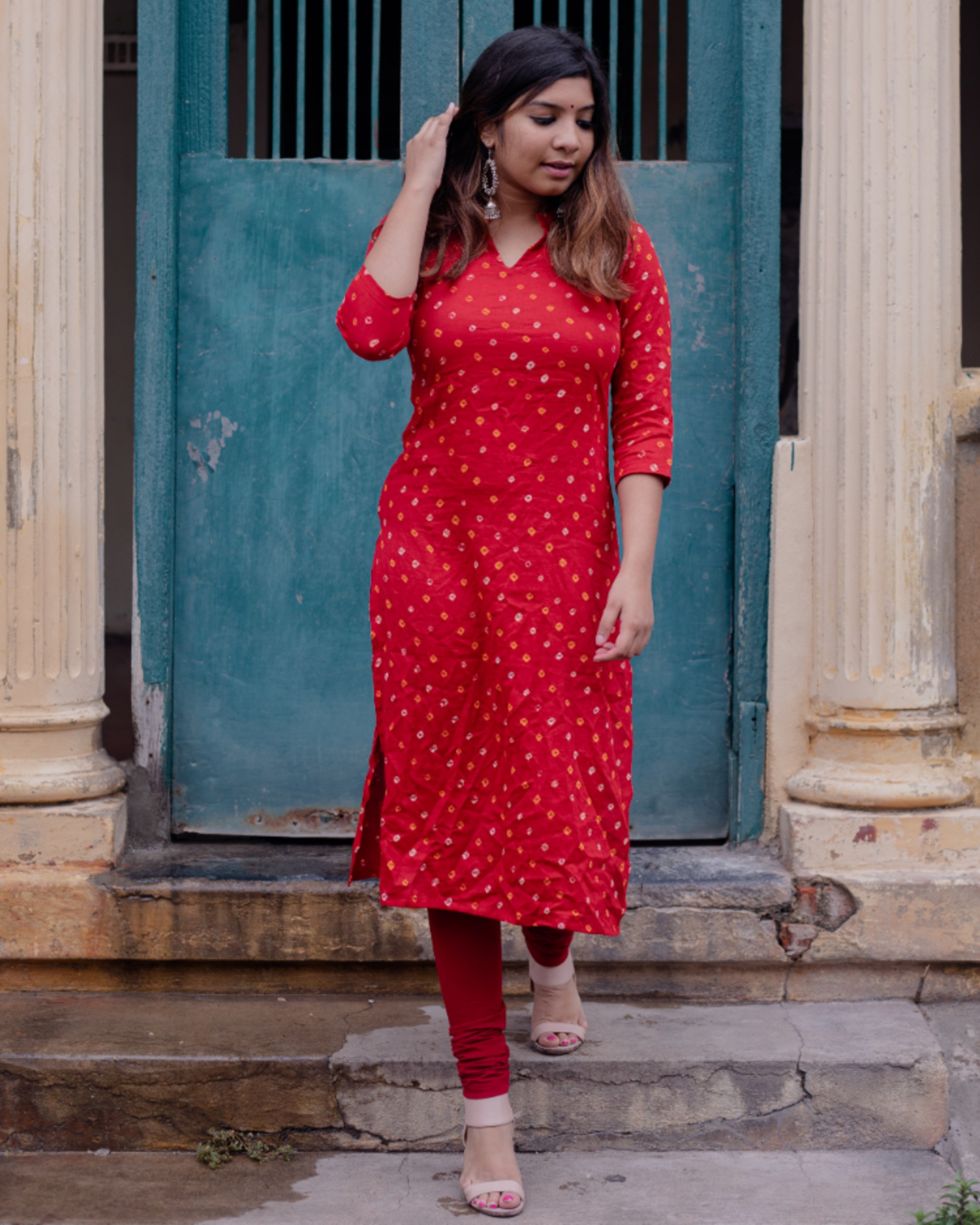 Red hand dyed bandhani kurti by Athira Designs The