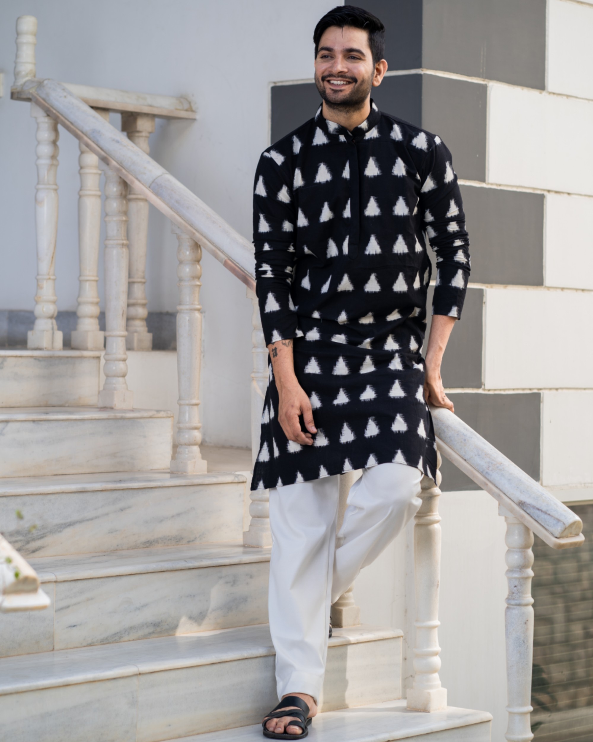 Black trigon printed kurta and pyjama set- set of two by Desi Doree ...