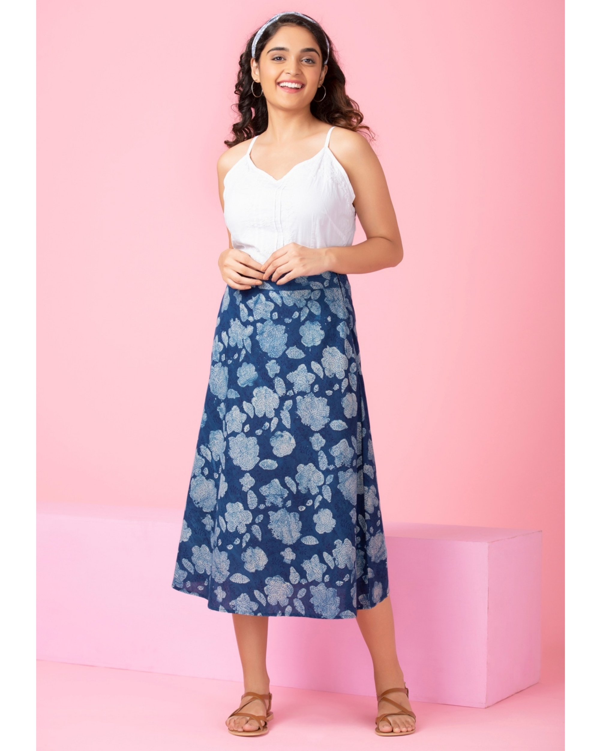 Cobalt blue floral printed skirt by Twirl Studio | The Secret Label