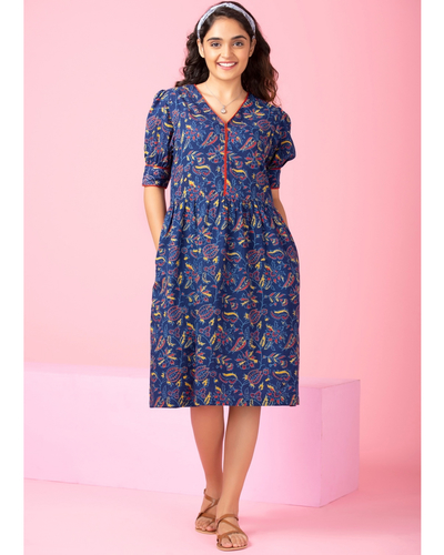 Cobalt blue floral printed vintage dress by Twirl Studio | The Secret Label