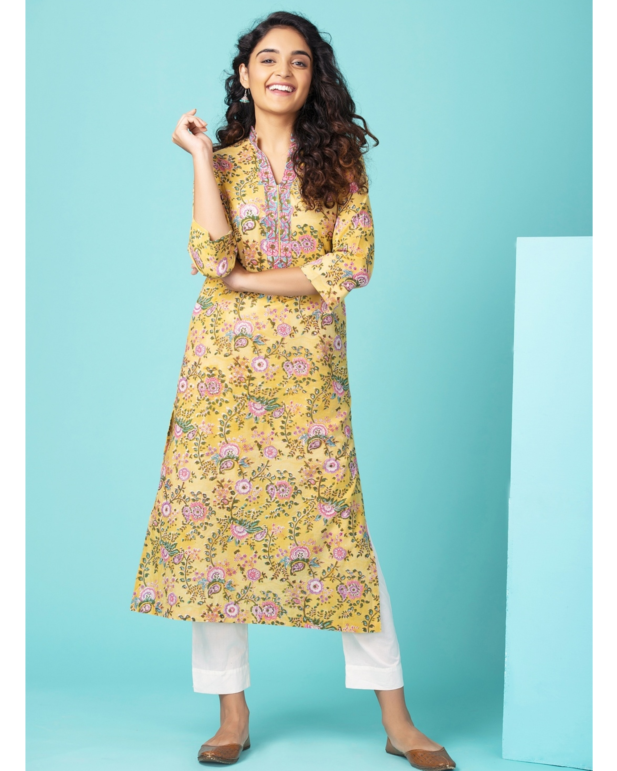 Mustard yellow floral printed kurta by Twirl Studio The Secret Label