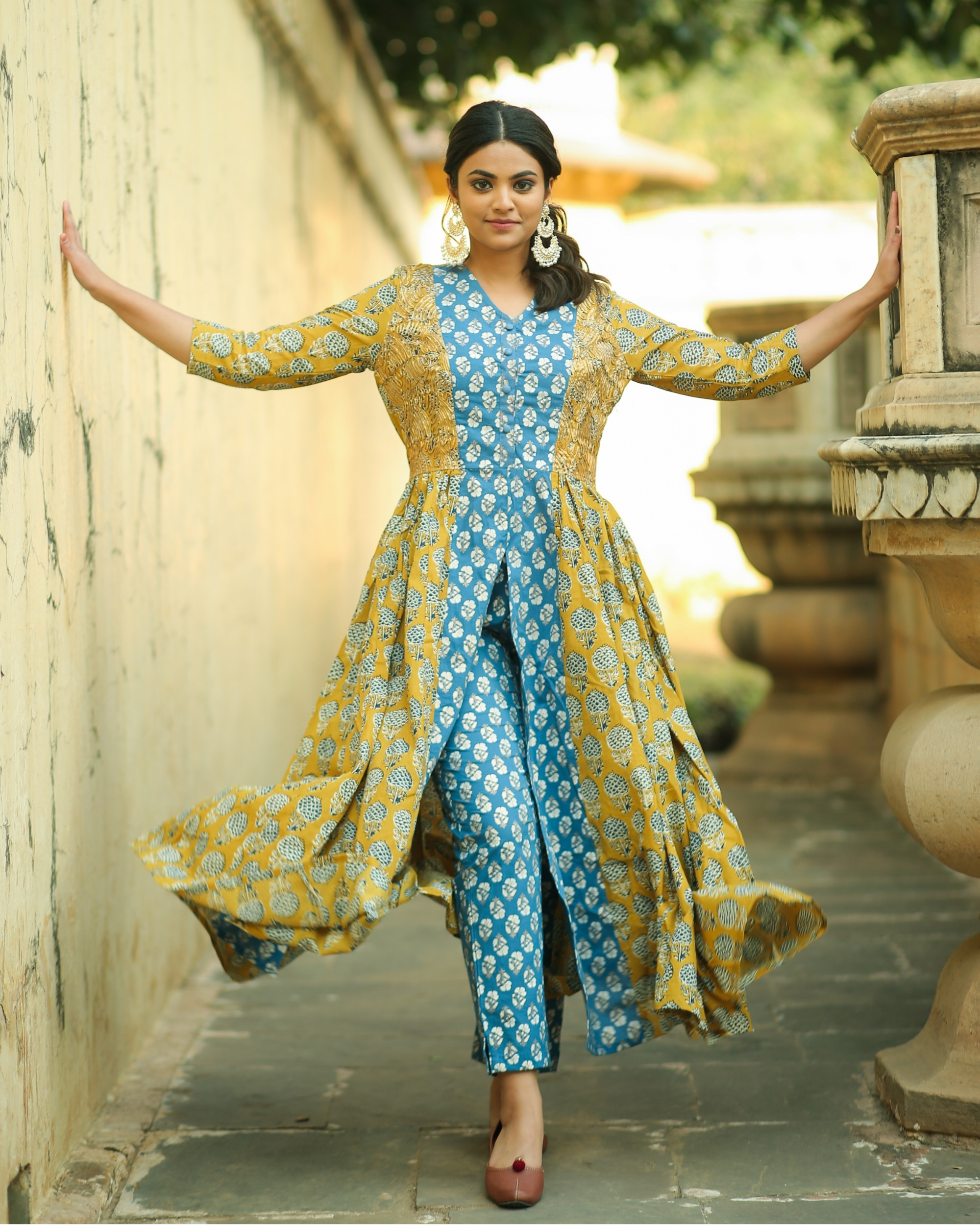 Mustard yellow and blue floral gathered kurta and pants set- set of two