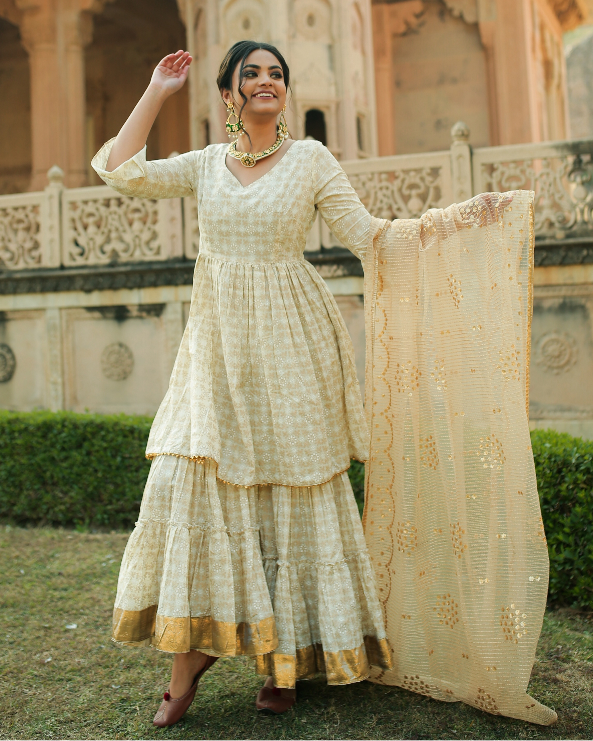 Women's Beautiful Embroidred Pure Cotton Kurti Peplum Top With Sharara And  Dupatta Set