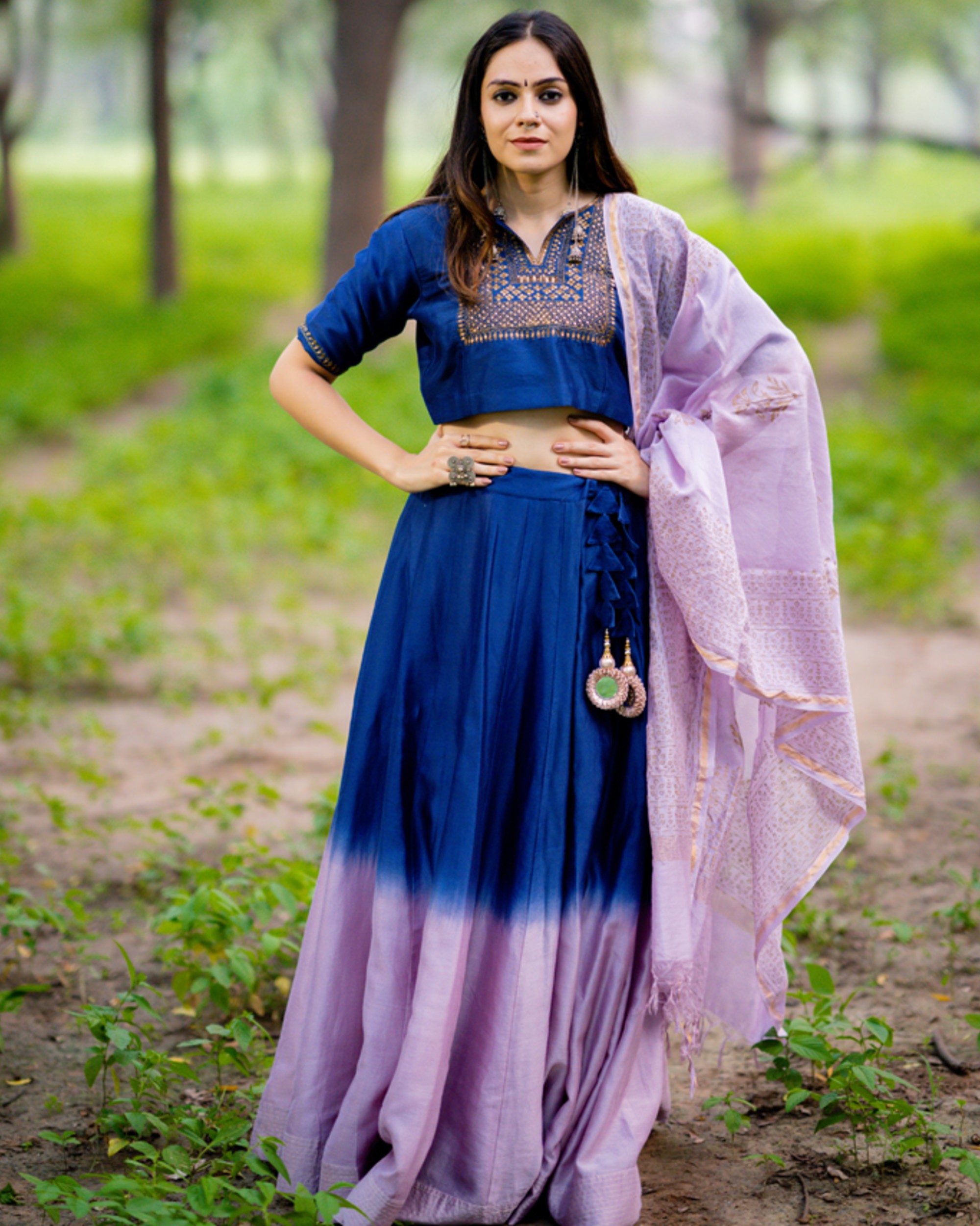 Royal blue and lavender embroidered pure chanderi lehenga set with 