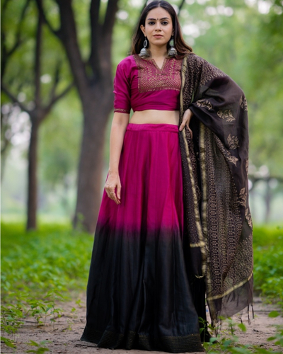 SHUBHKALA Purple Printed Lehenga and Choli Set With Dupatta