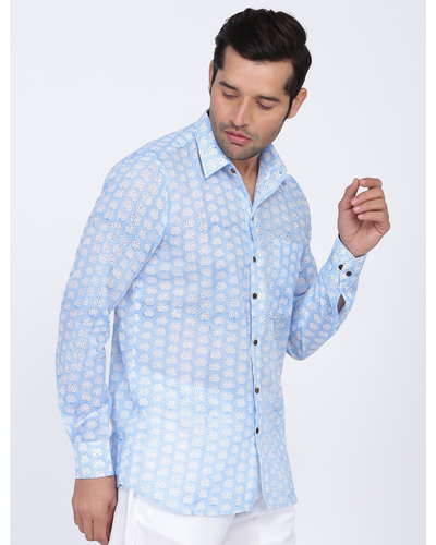 Pastel blue hand block printed shirt by The Cotton Staple