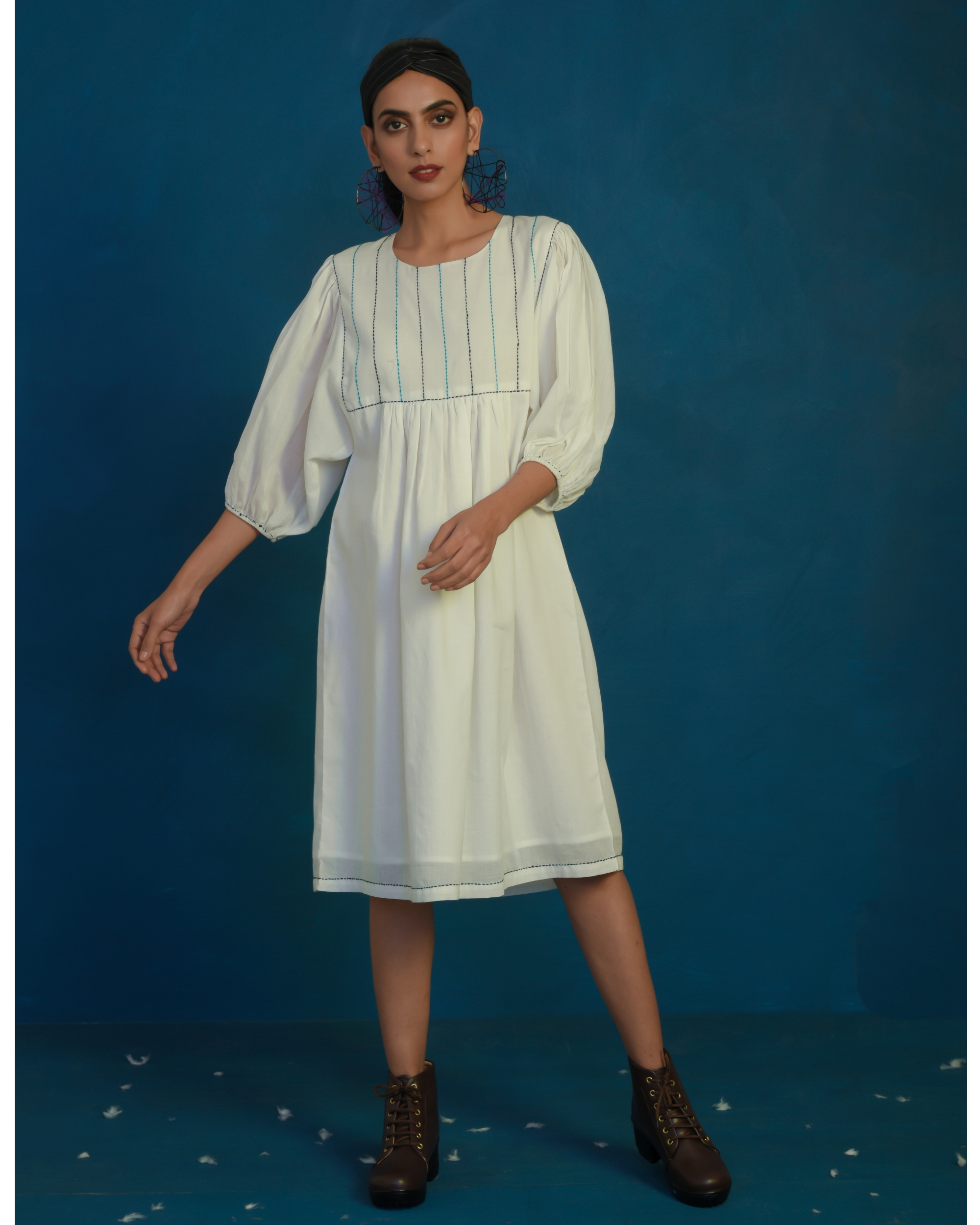 White embroidered yoke dress with balloon sleeves by Charkhee Women