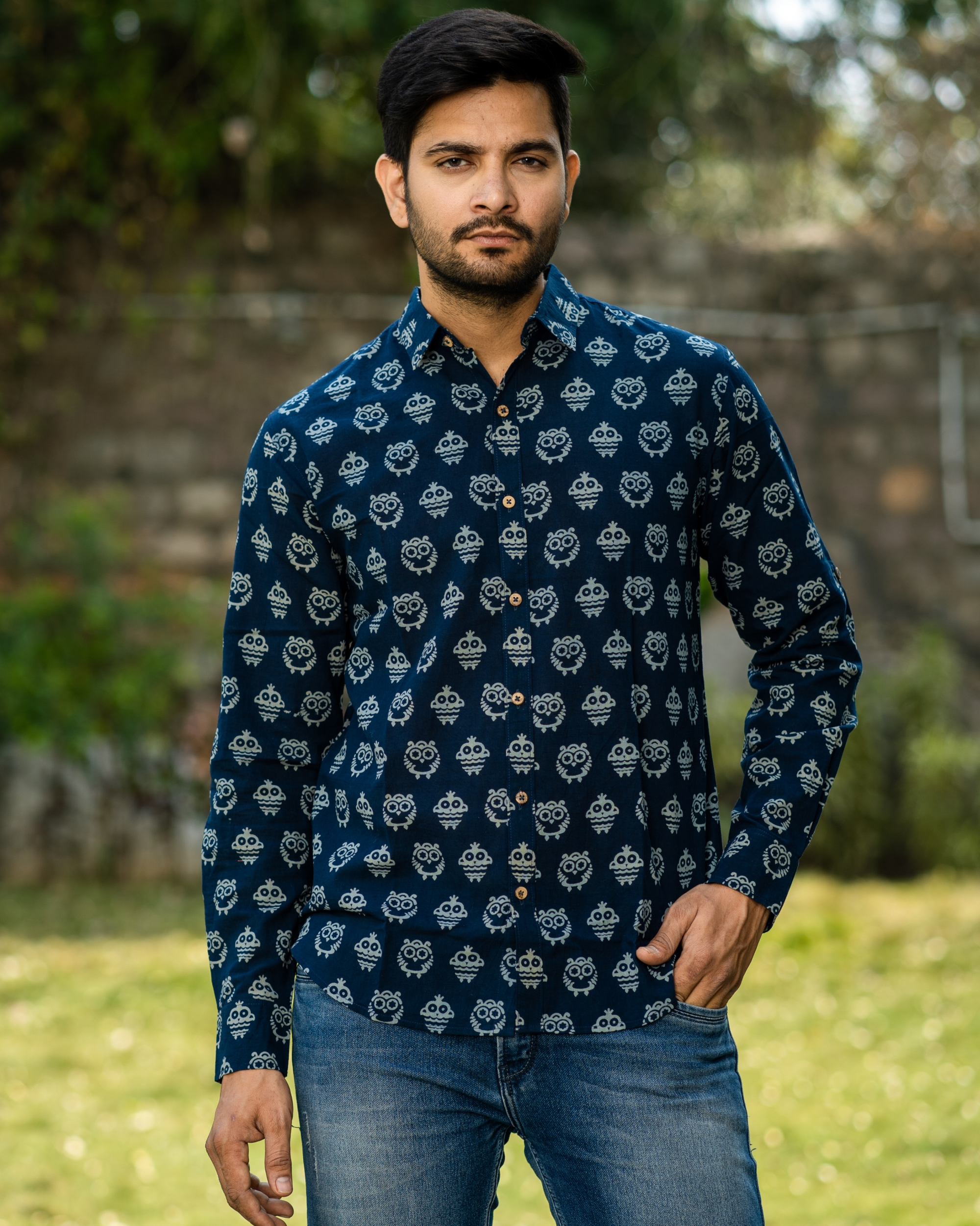Blue and grey collared hand block printed shirt by Purple Panchi | The ...