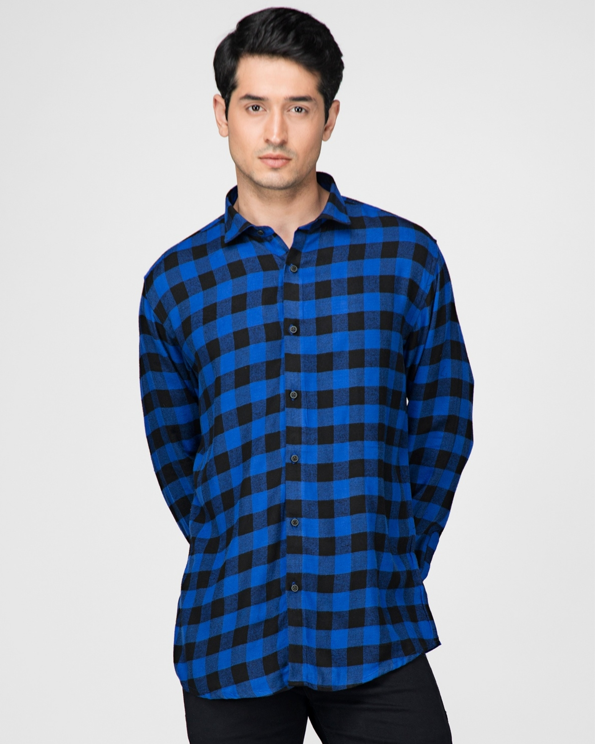 Blue and black gingham checkered shirt