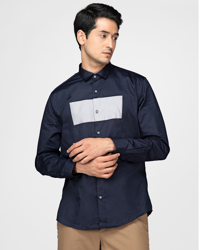 Navy blue and white rectangle paneled shirt by Green Hill | The Secret ...