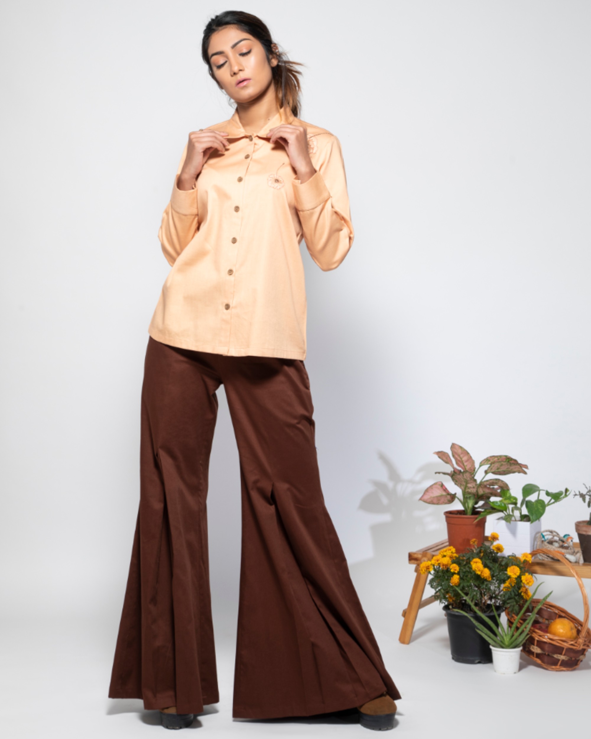 Light brown dandelion embroidered shirt and pants set- set of two