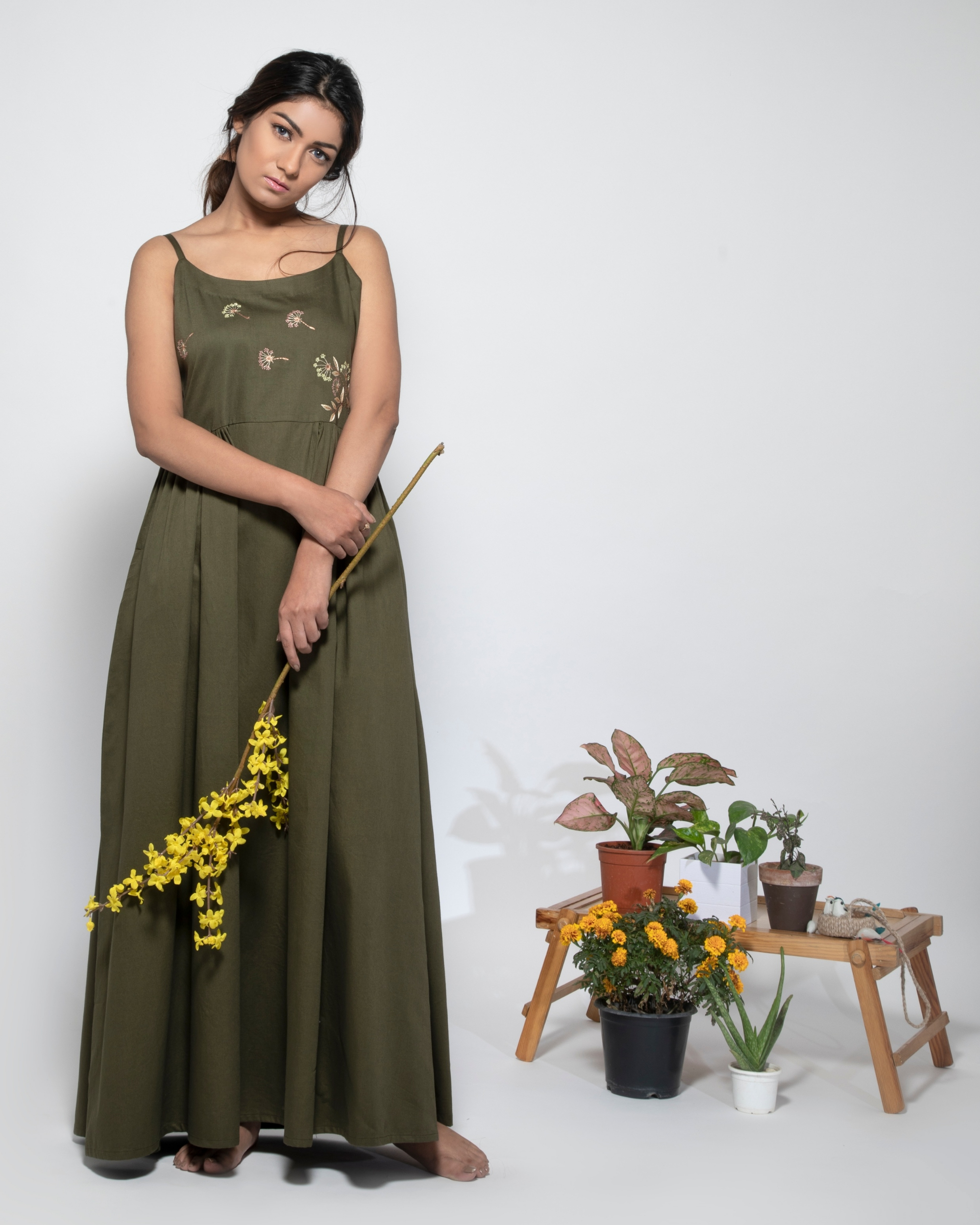 Olive green dandelion strappy maxi dress
