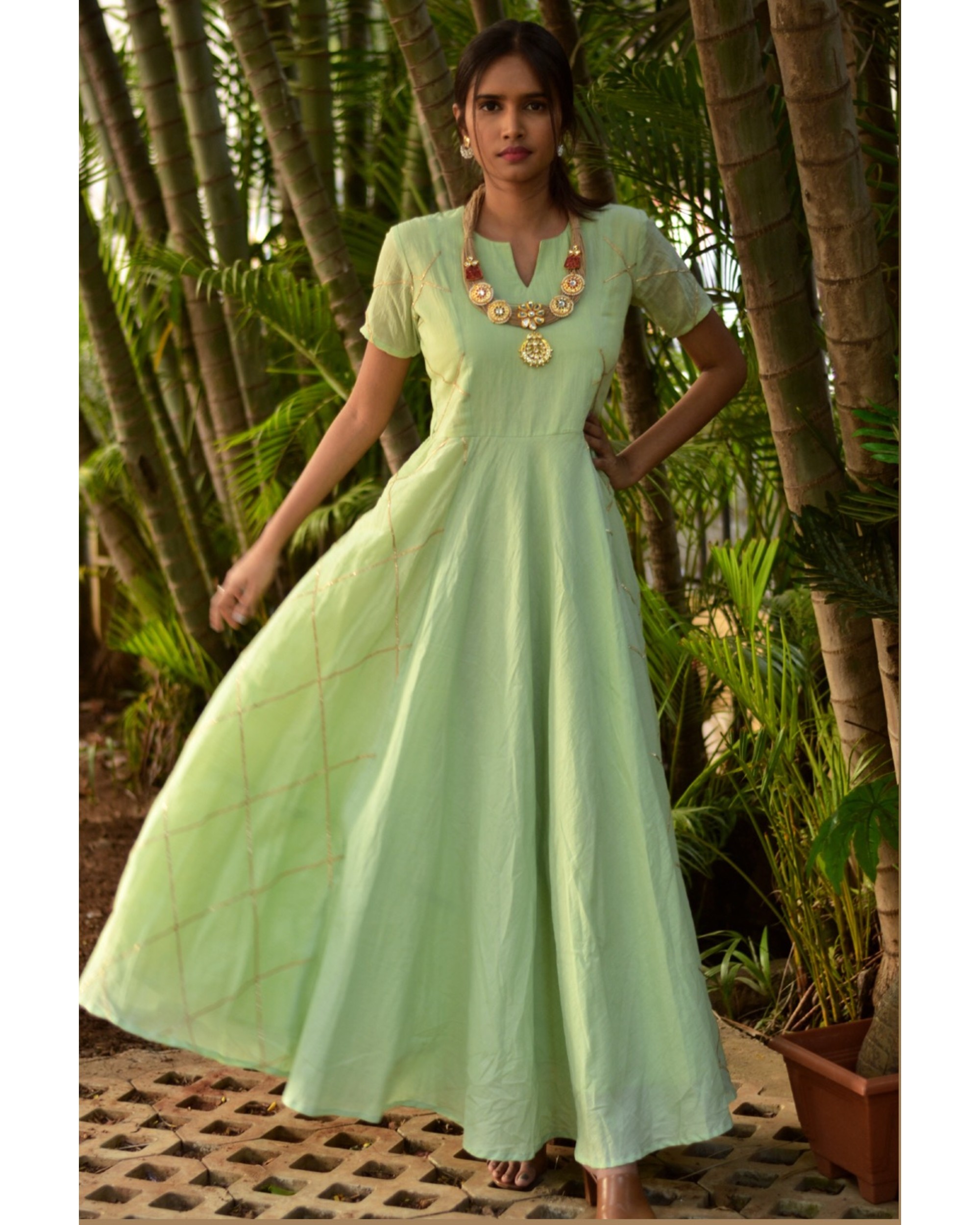 Green diamond cage paneled gota dress and dupatta set set of two by