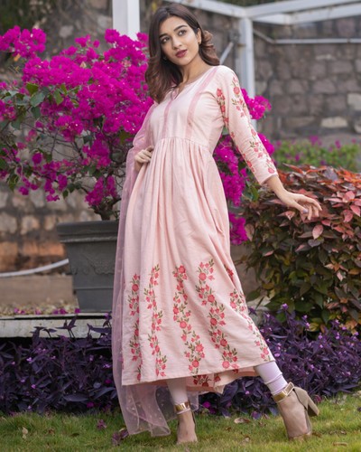 Baby pink panel embroidered gathered dress with net dupatta - set of ...