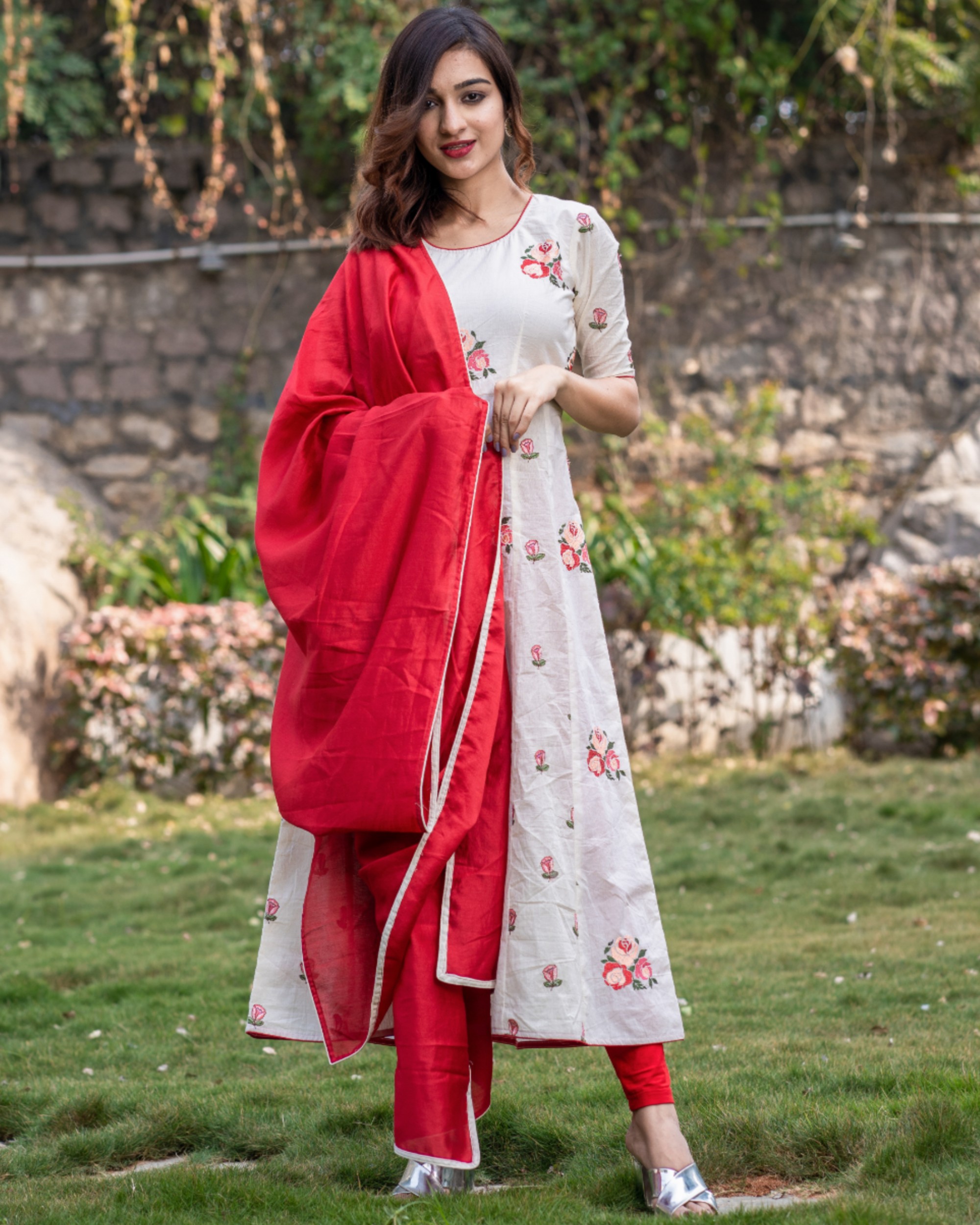 Off white rose embroidered kali dress with red chanderi dupatta set- set of two