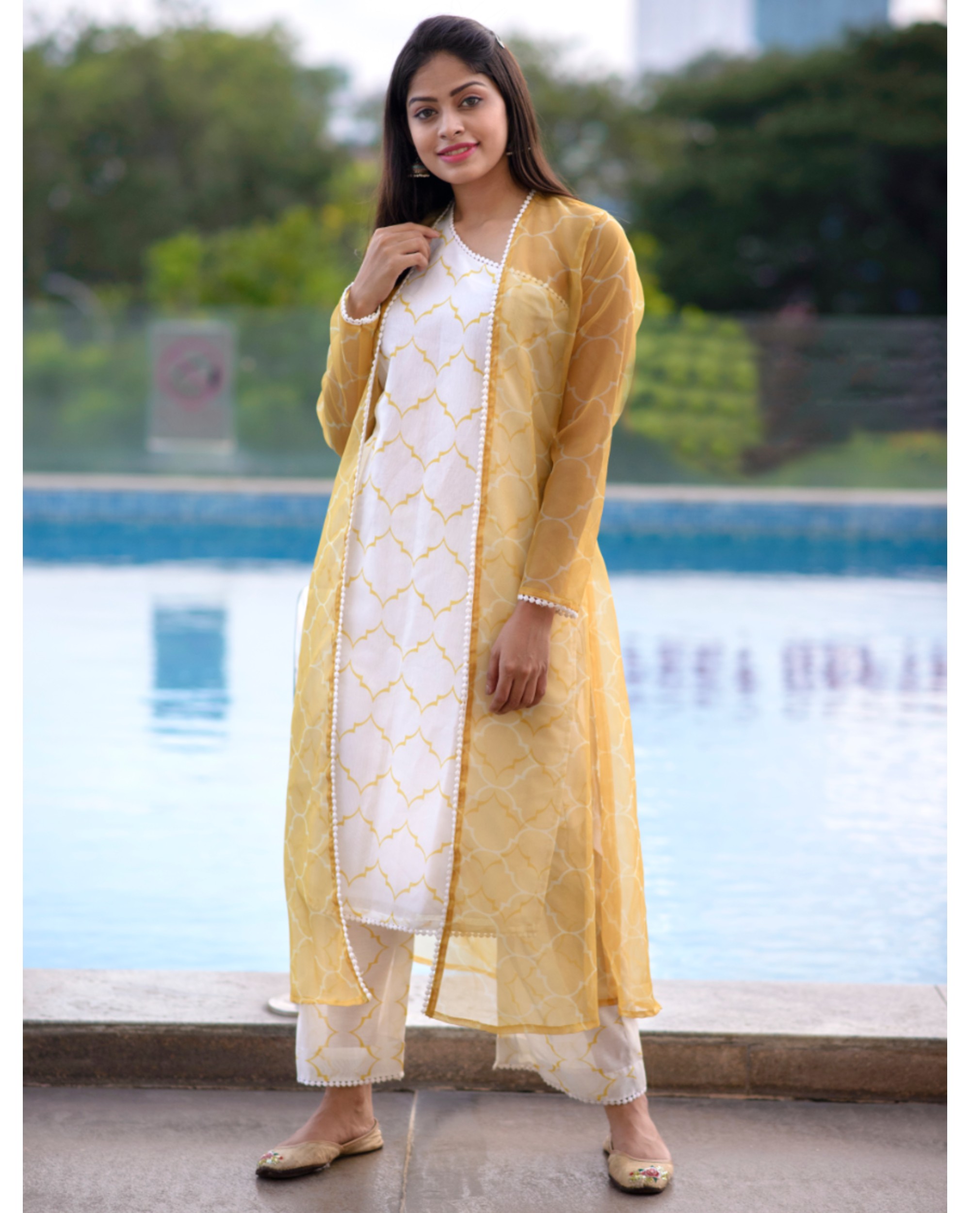 Off white asymmetrical moroccan kurta and pants with sand yellow ...