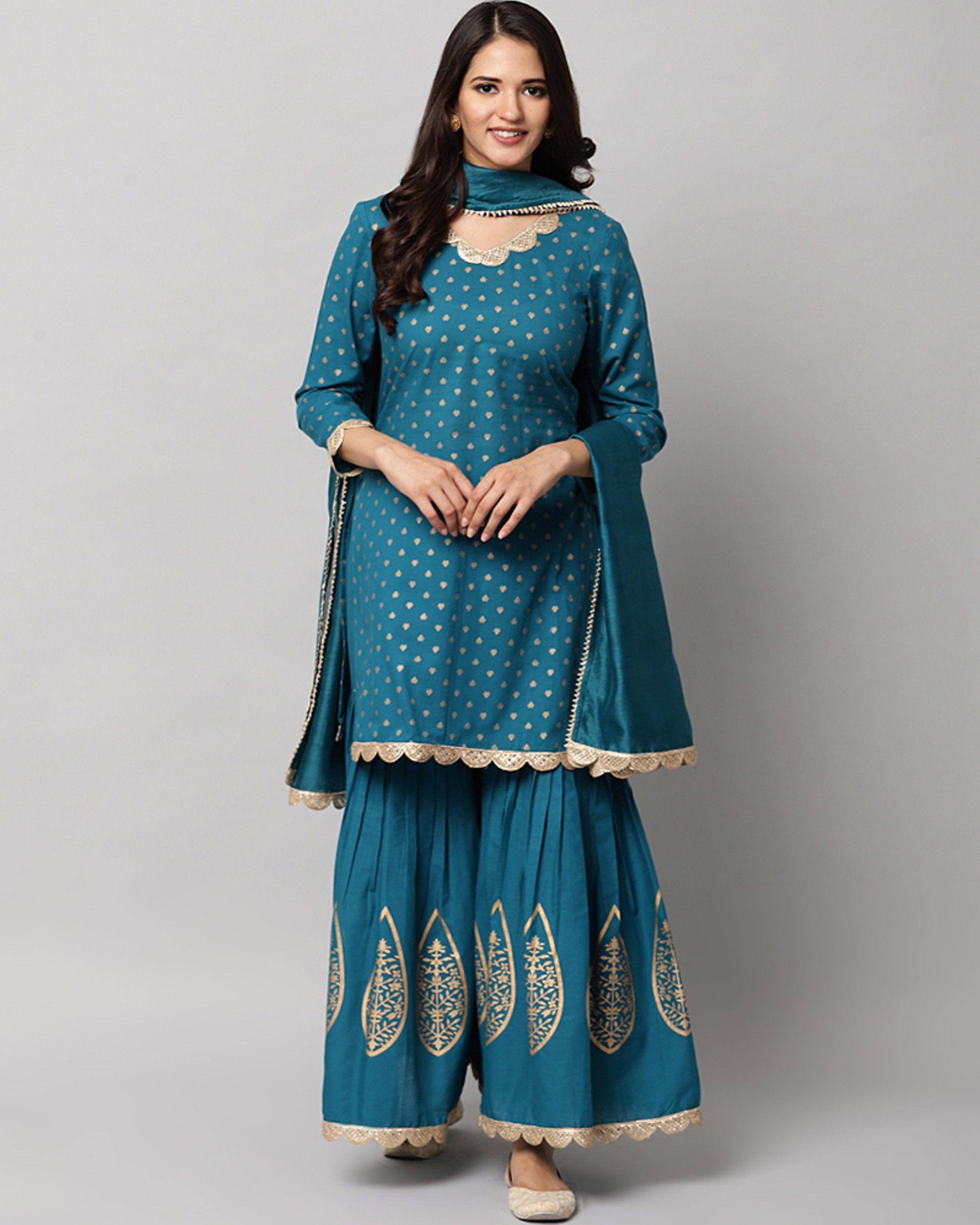 Blue polka kurta and gharara with dupatta set- set of three by Rivaaj ...