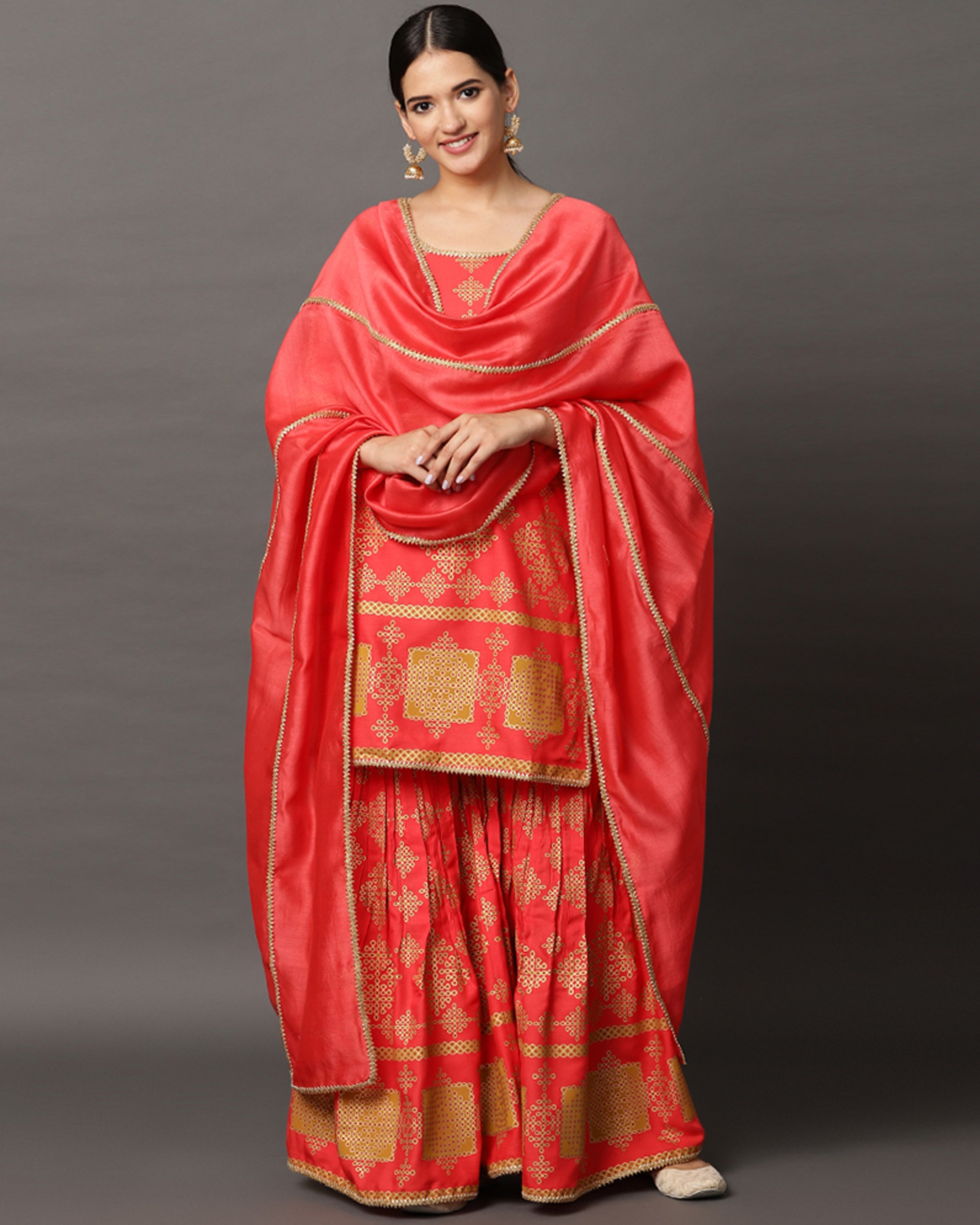 Coral red and gold printed kurta and gharara with gota dupatta set- set ...