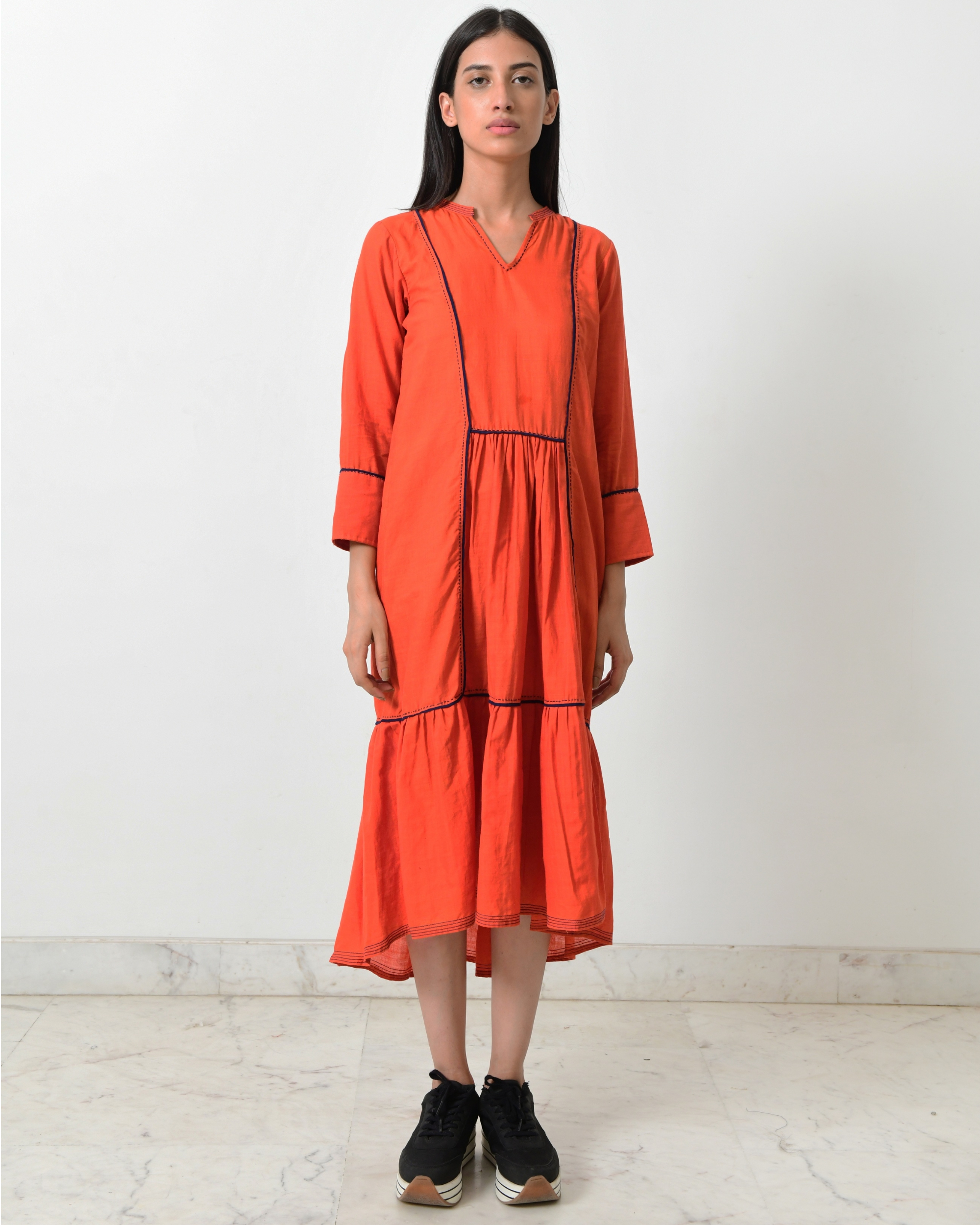 Rustic orange high low gathered midi dress by Rias | The Secret Label