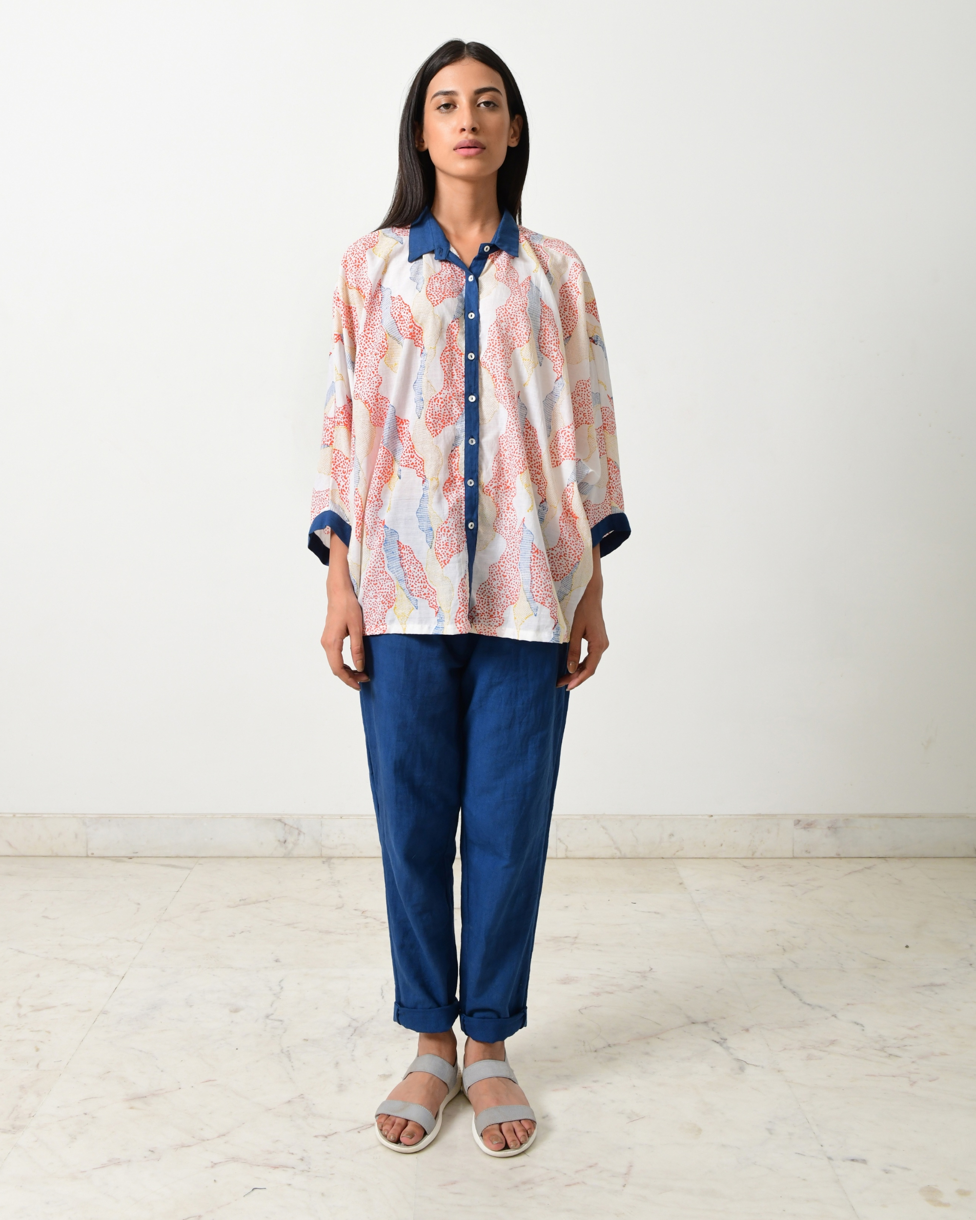 White and blue block printed batwing shirt