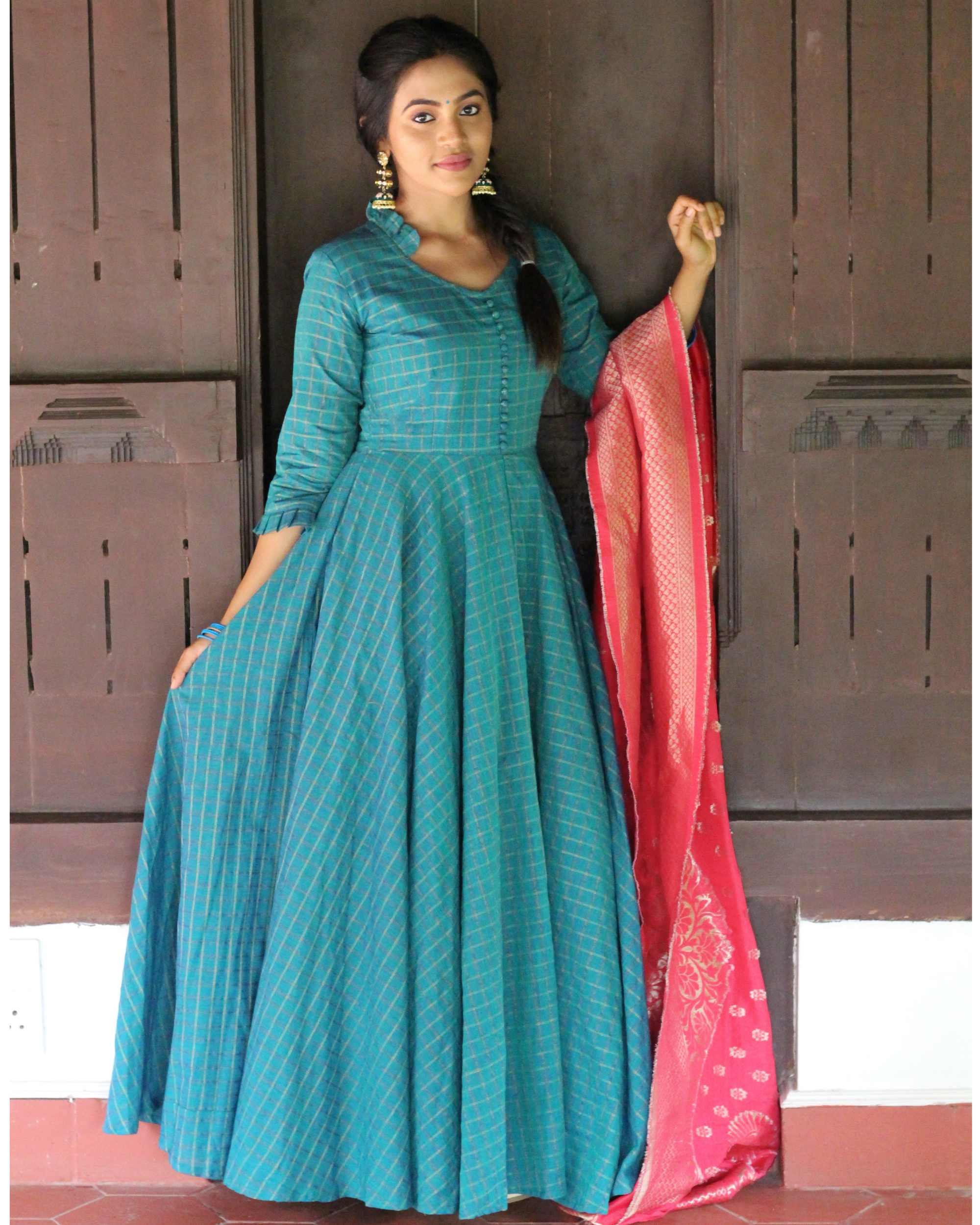 Blue anarkali dress with dark pink banarasi dupatta set of two by Magizham The Secret Label