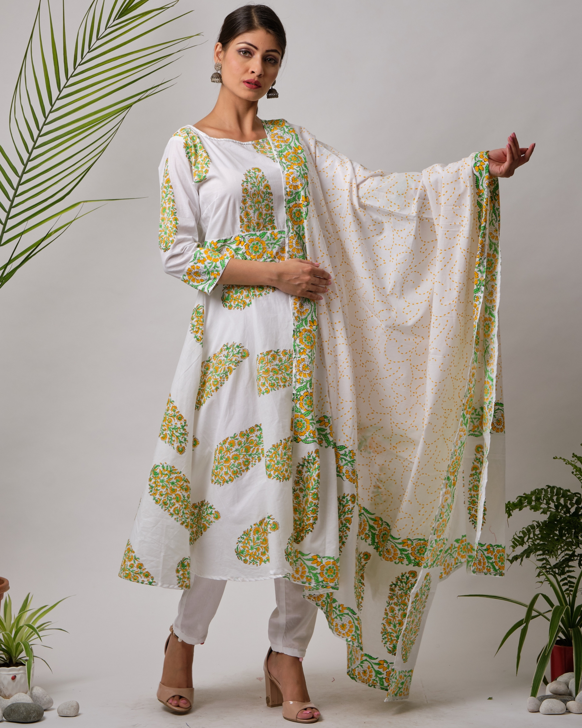 Off white and green cotton hand block printed dupatta