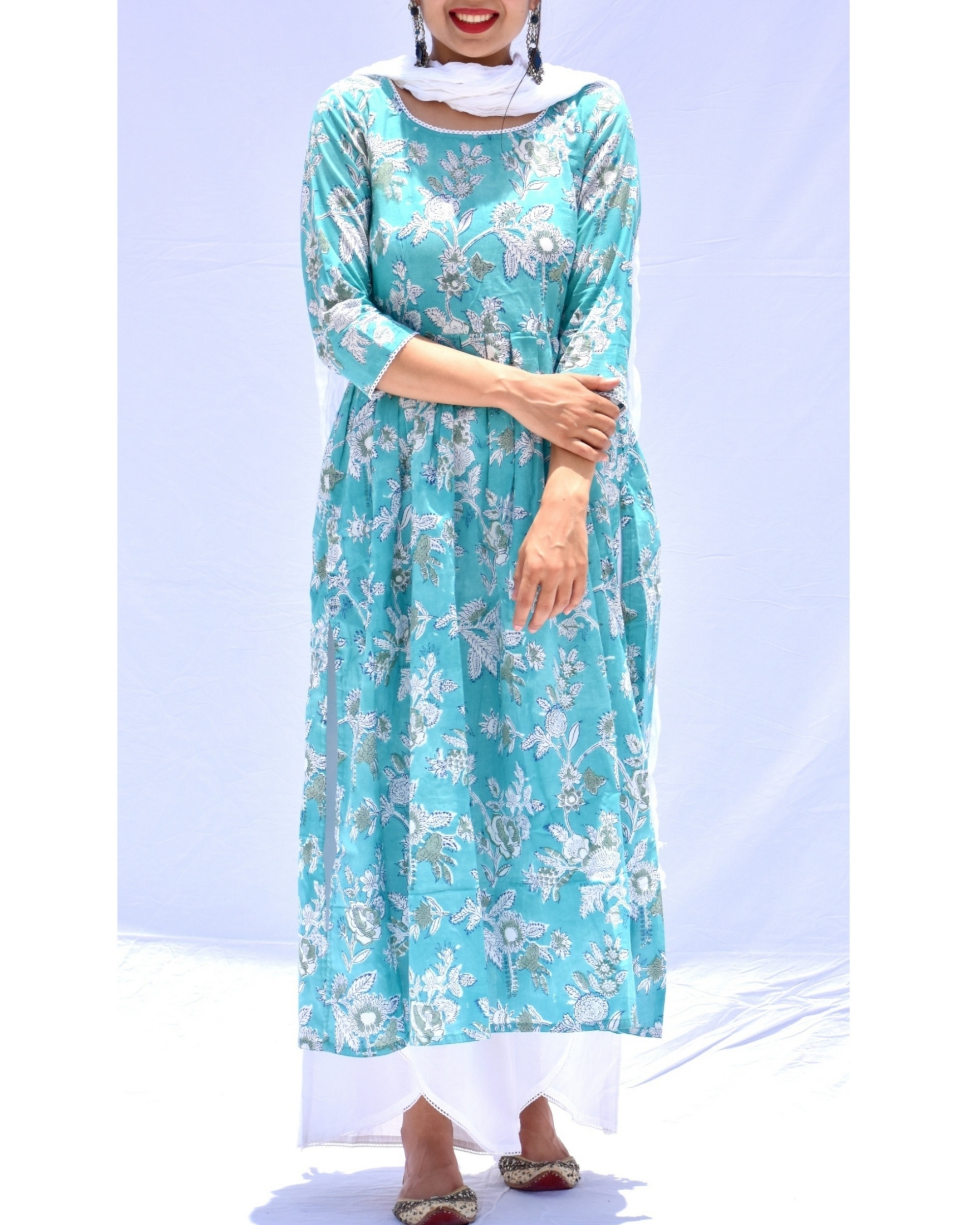 Sea Blue And White Floral Gathered Kurta And Palazzo With Dupatta Set Set Of Three By Navya 9749