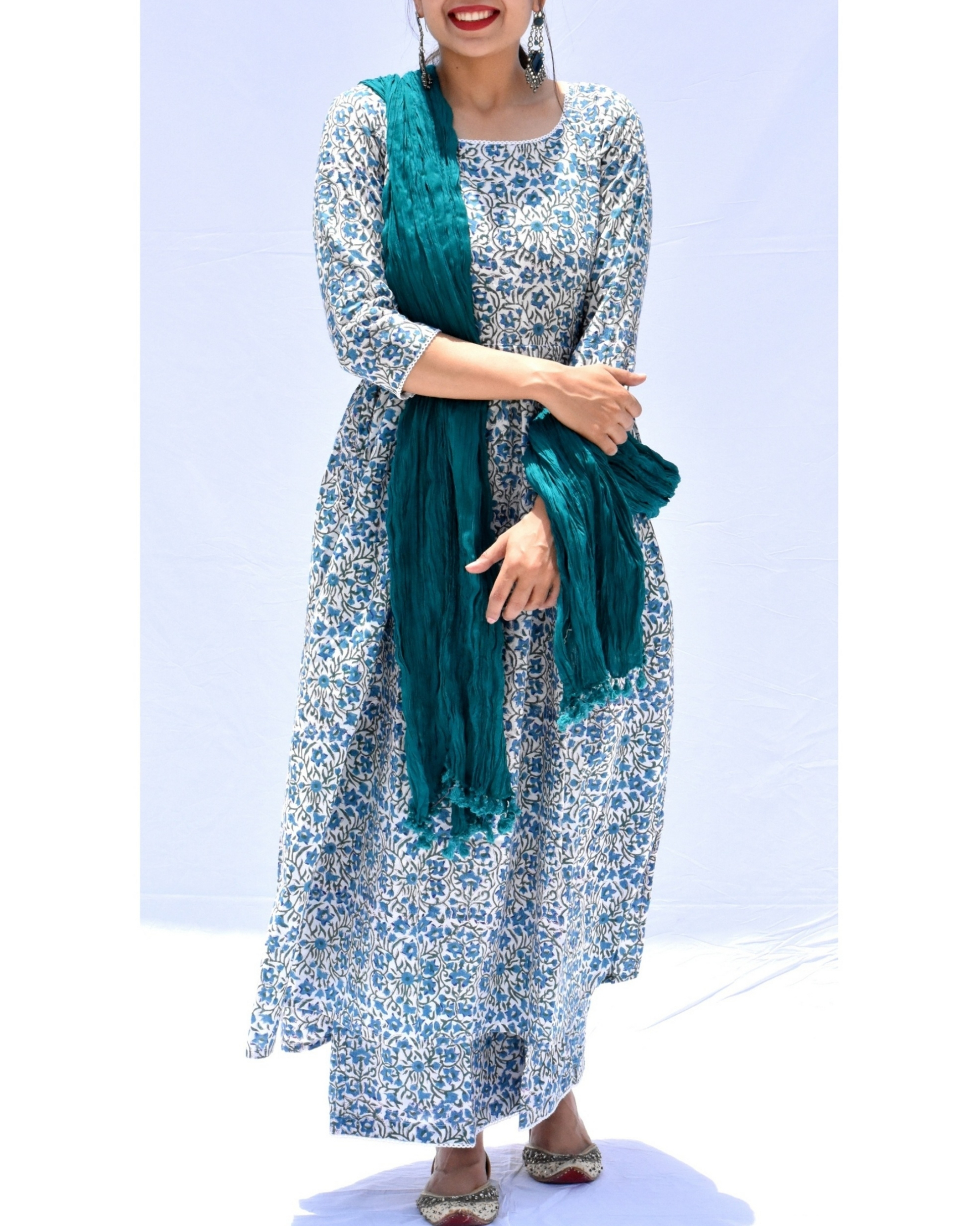 Blue Floral Gathered Kurta And Palazzo With Teal Green Dupatta Set Set Of Three By Navya 2416