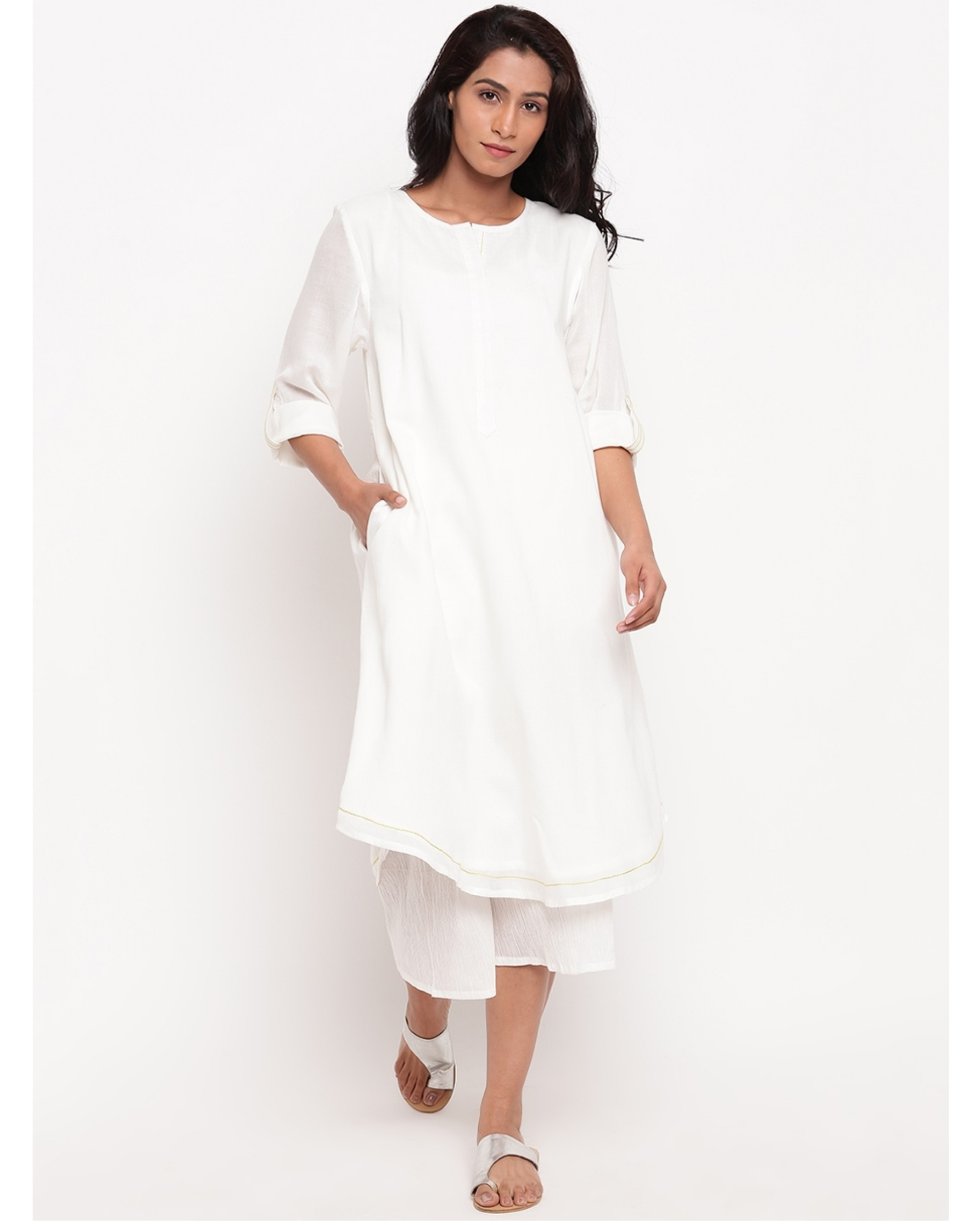White flap sleeve kurta with pockets by trueBrowns | The Secret Label