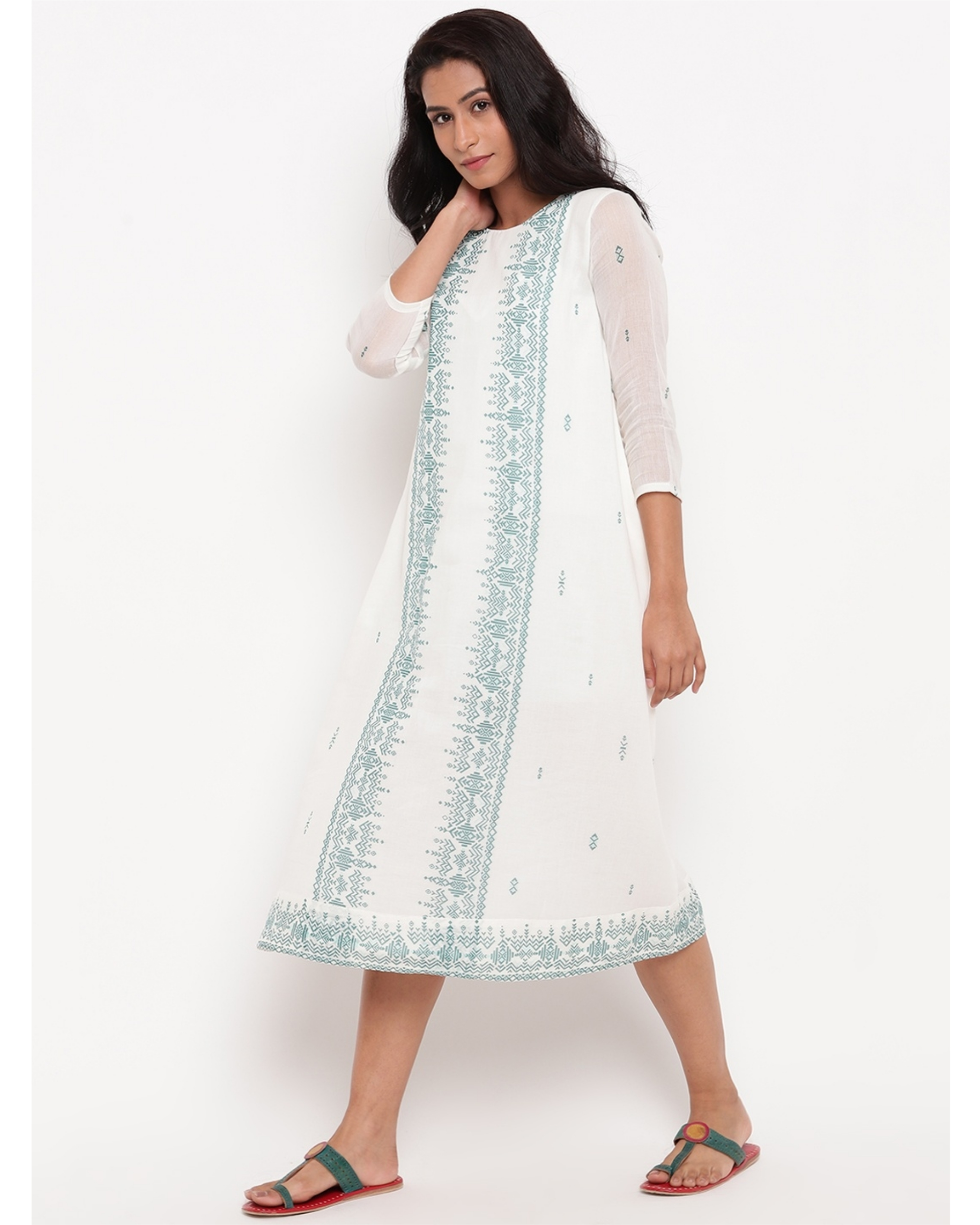 White and sea green panel printed dress by trueBrowns | The Secret Label