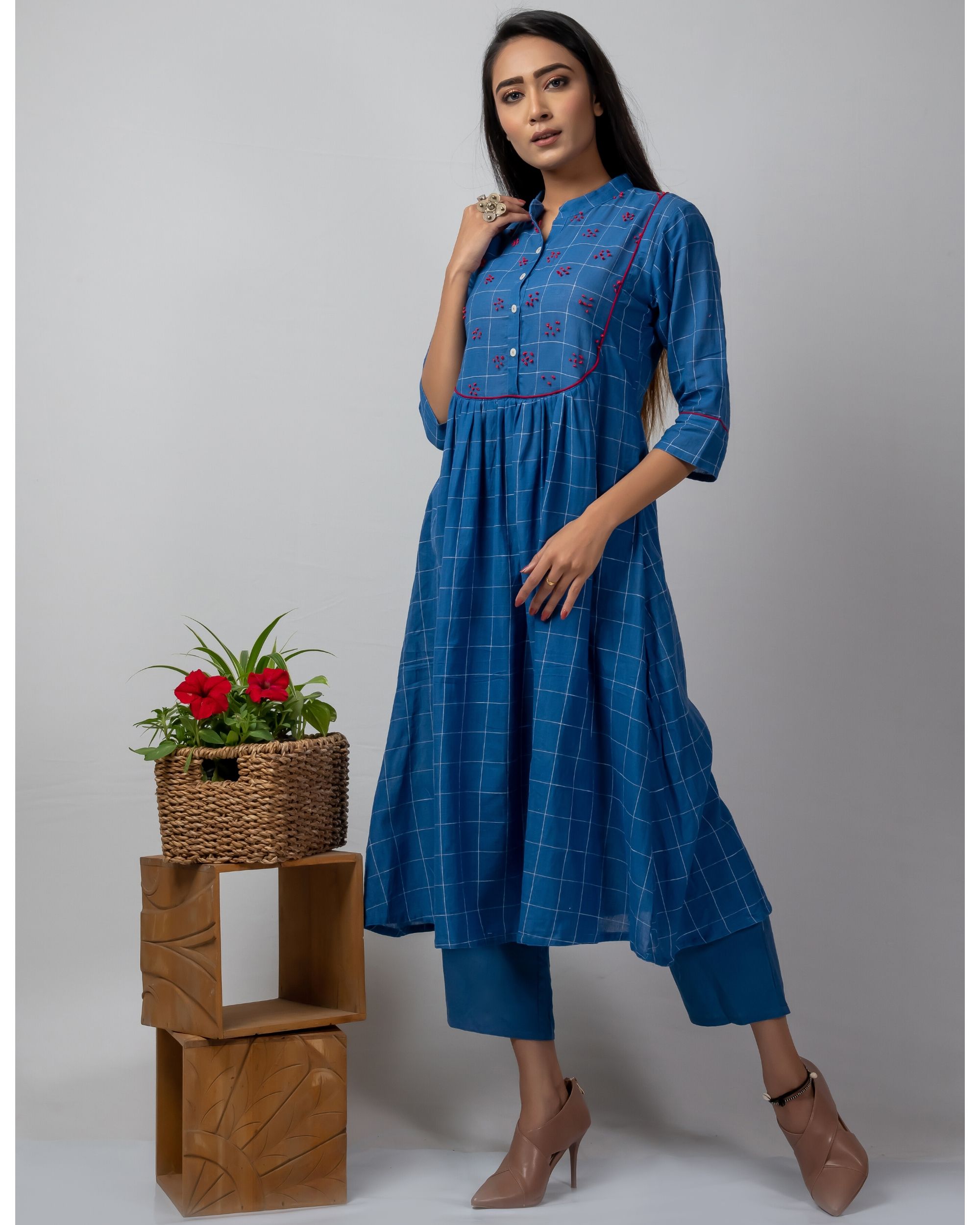 Blue checkered kurta with embroidered yoke by Silai | The Secret Label
