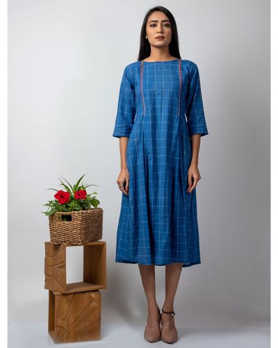 Blue checkered dress with embroidery by Silai | The Secret Label