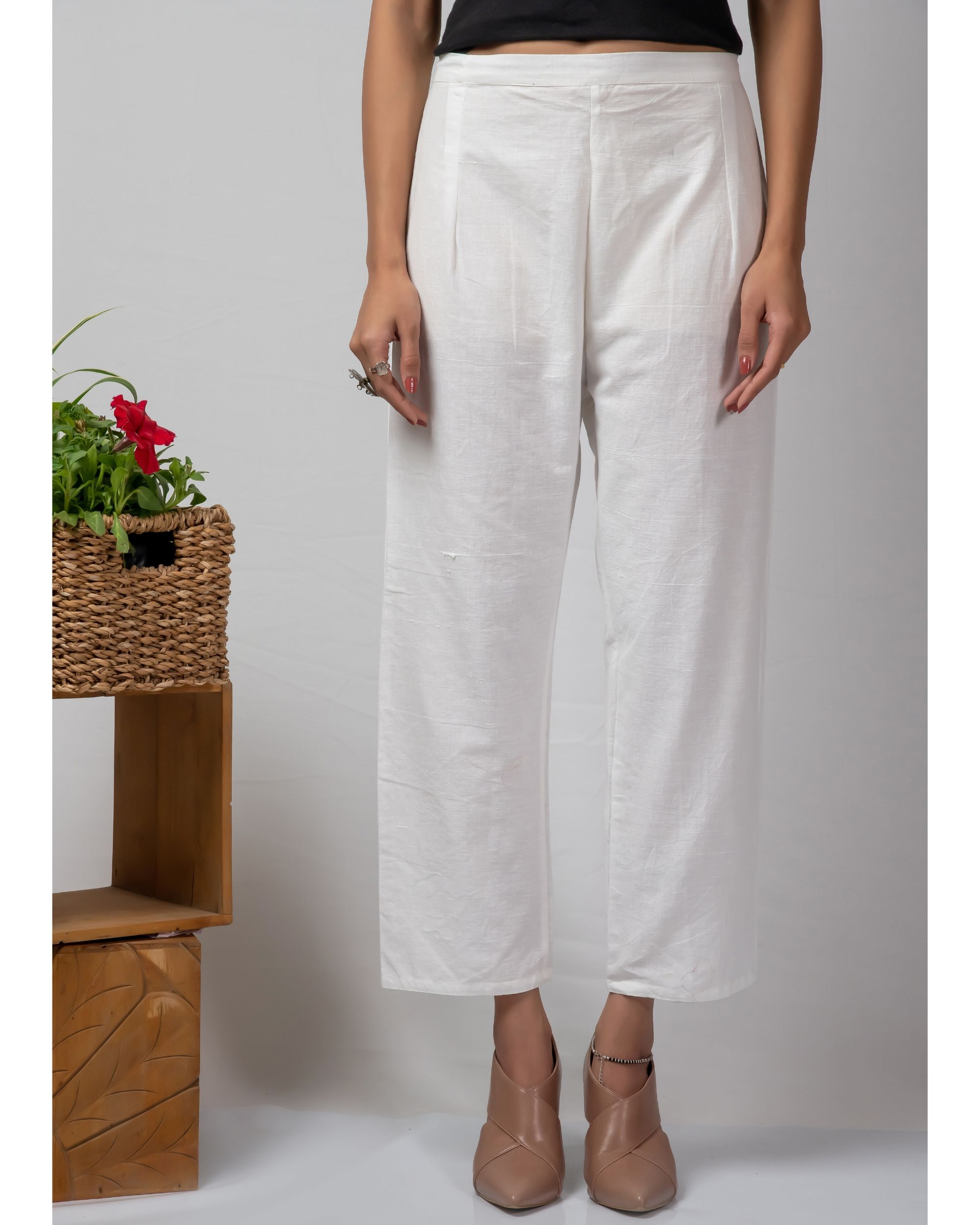 Womens White Cotton Solid Straight Trouser Pant  BLISSART  3365608