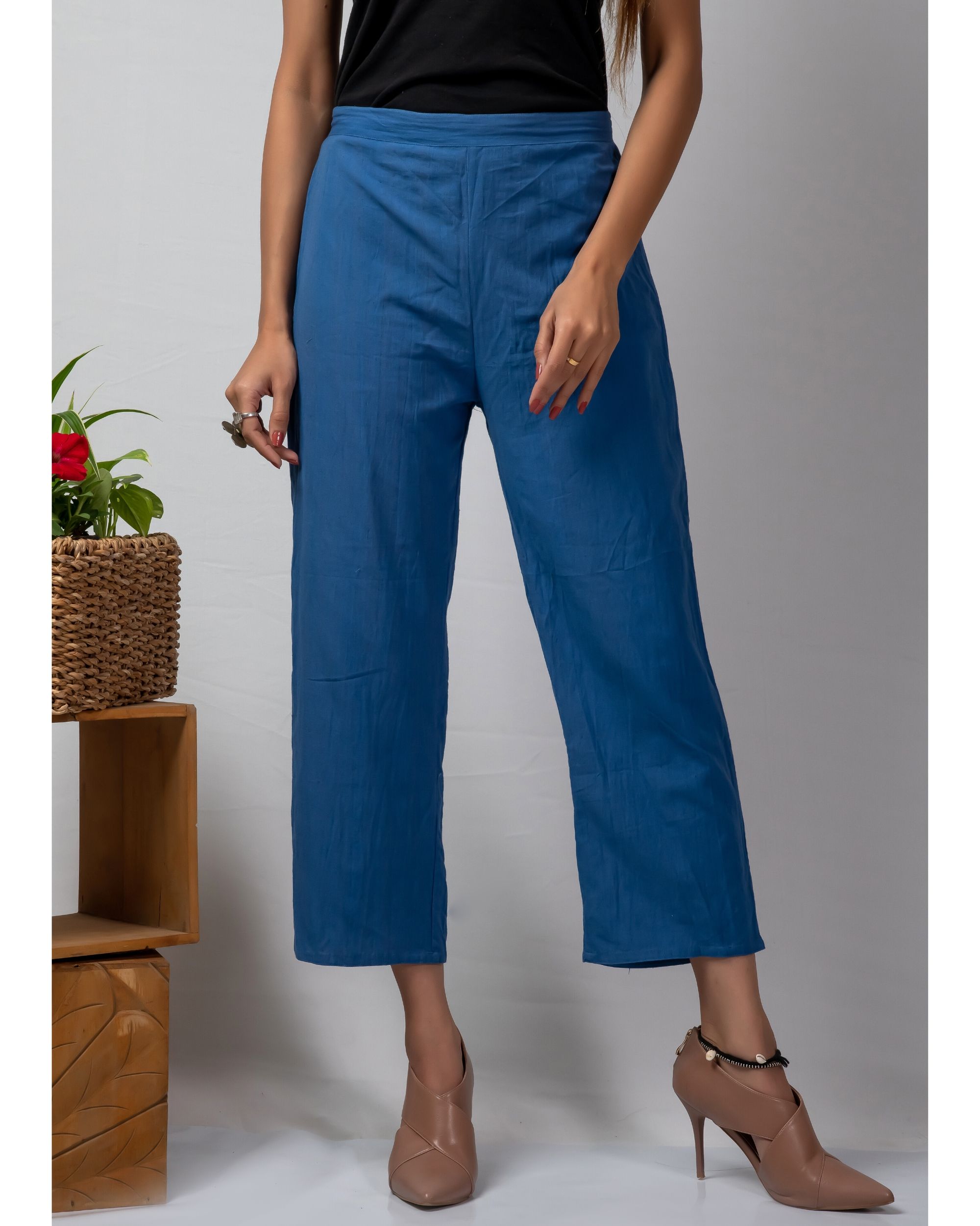 Blue straight cotton pants by Silai | The Secret Label
