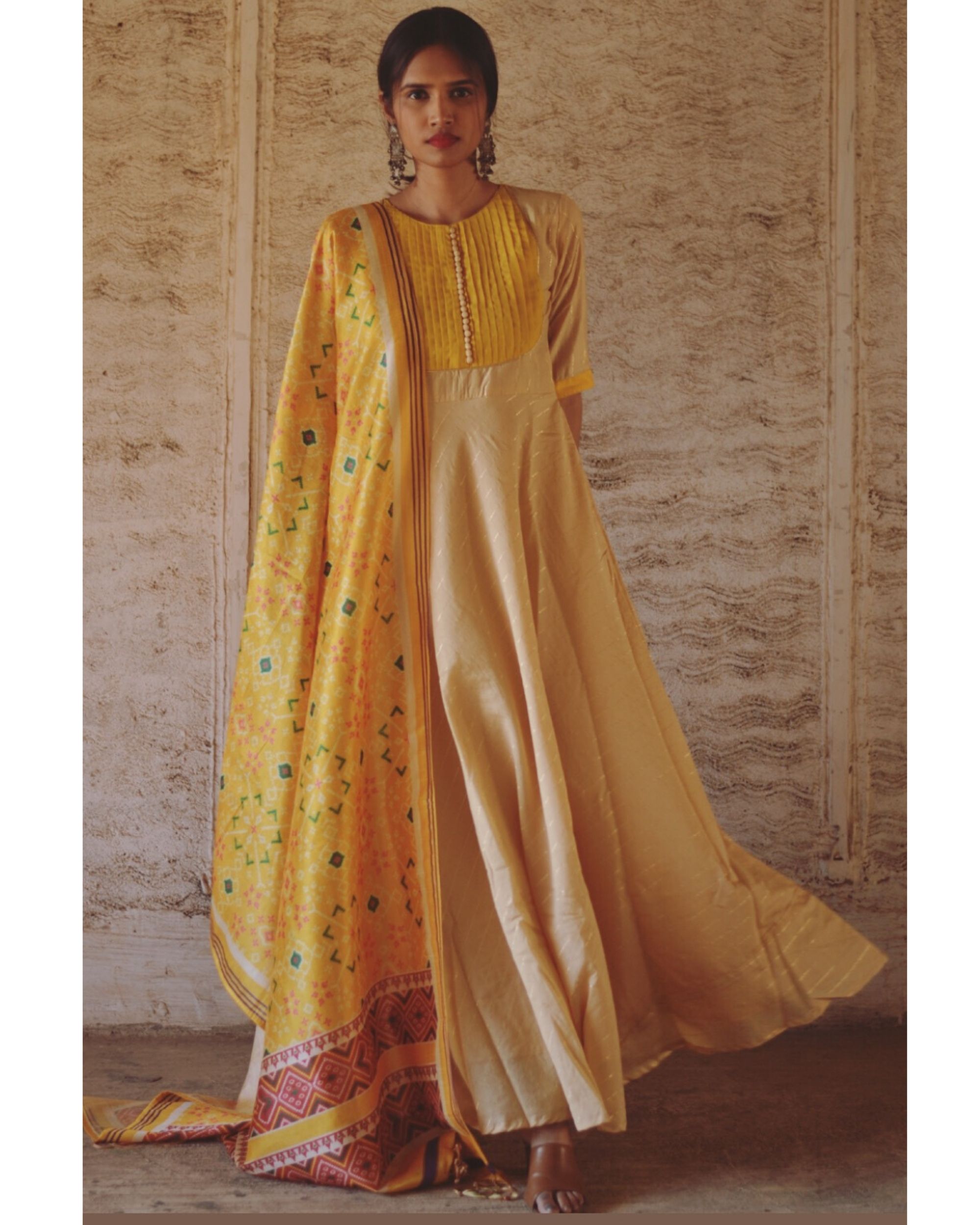 Beige and yellow pin tuck yoke dress and dupatta Set- Set Of Two by Tie ...