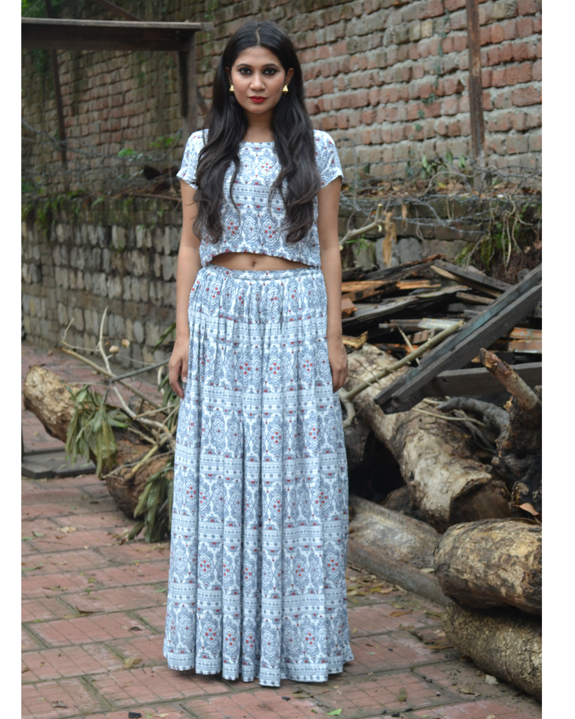 Old Indian Print Crop Top And Skirt Set 