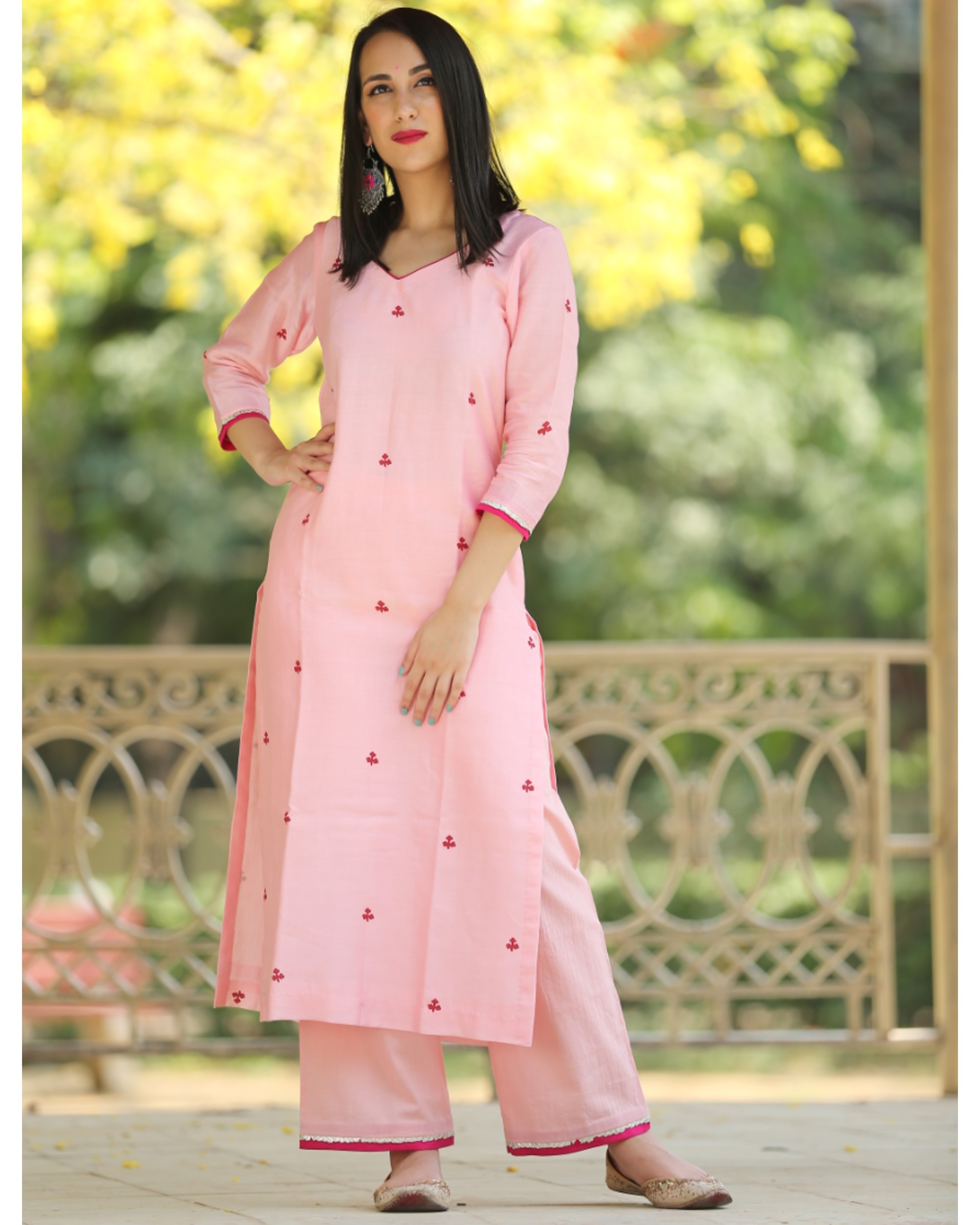 Blush pink block printed chanderi kurta by Marasim | The Secret Label