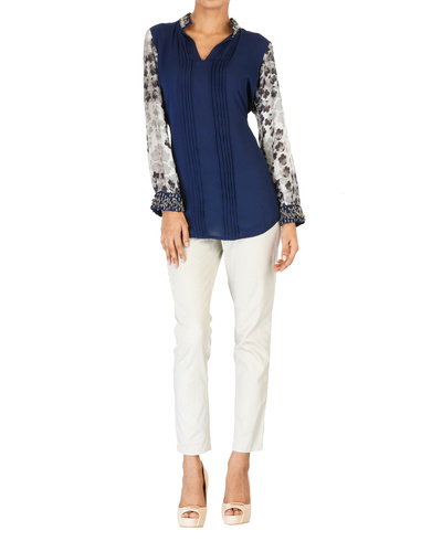 Embroidered navy with printed sleeves top by Vamil | The Secret Label