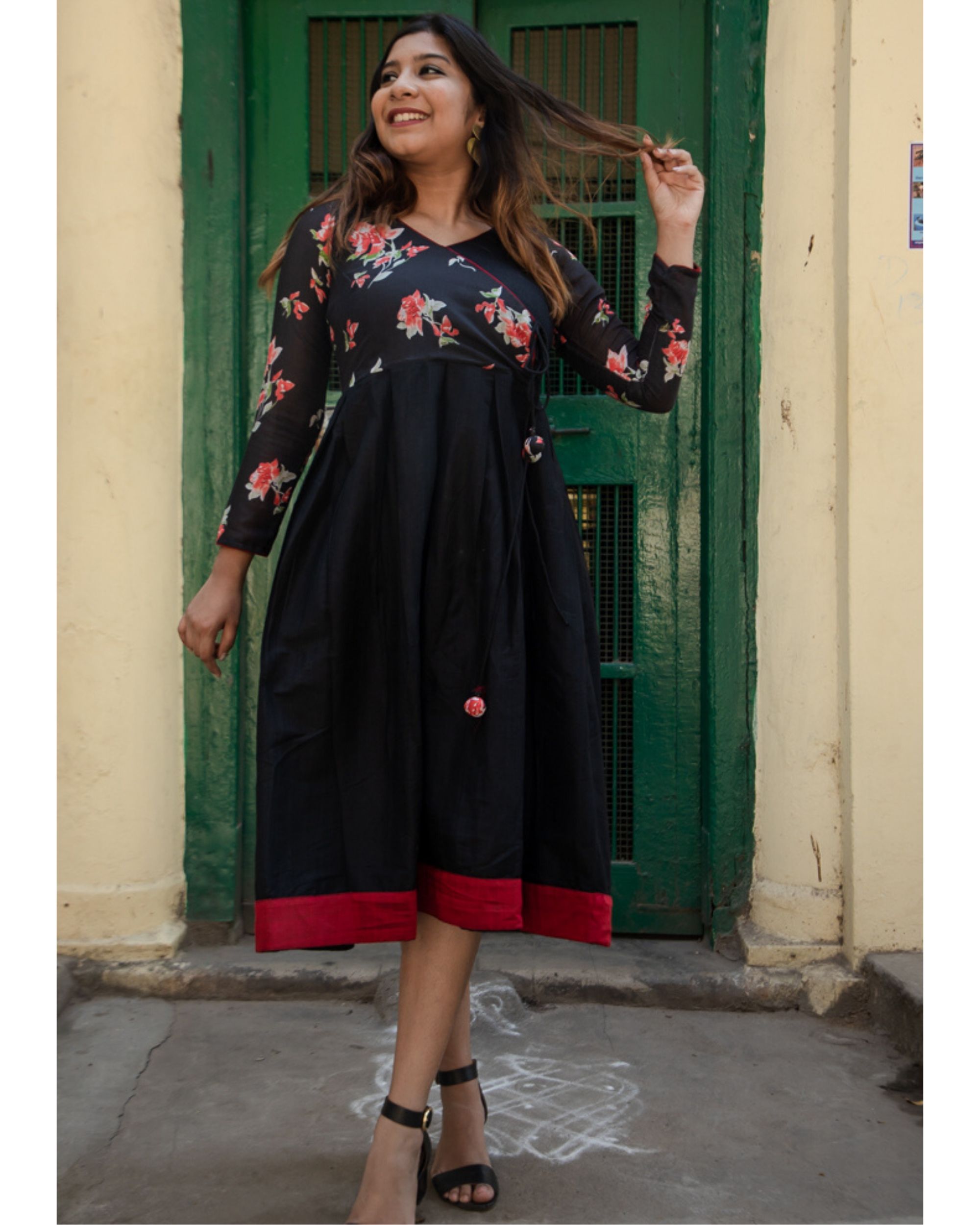 Black floral printed drape dress by Ekanta | The Secret Label