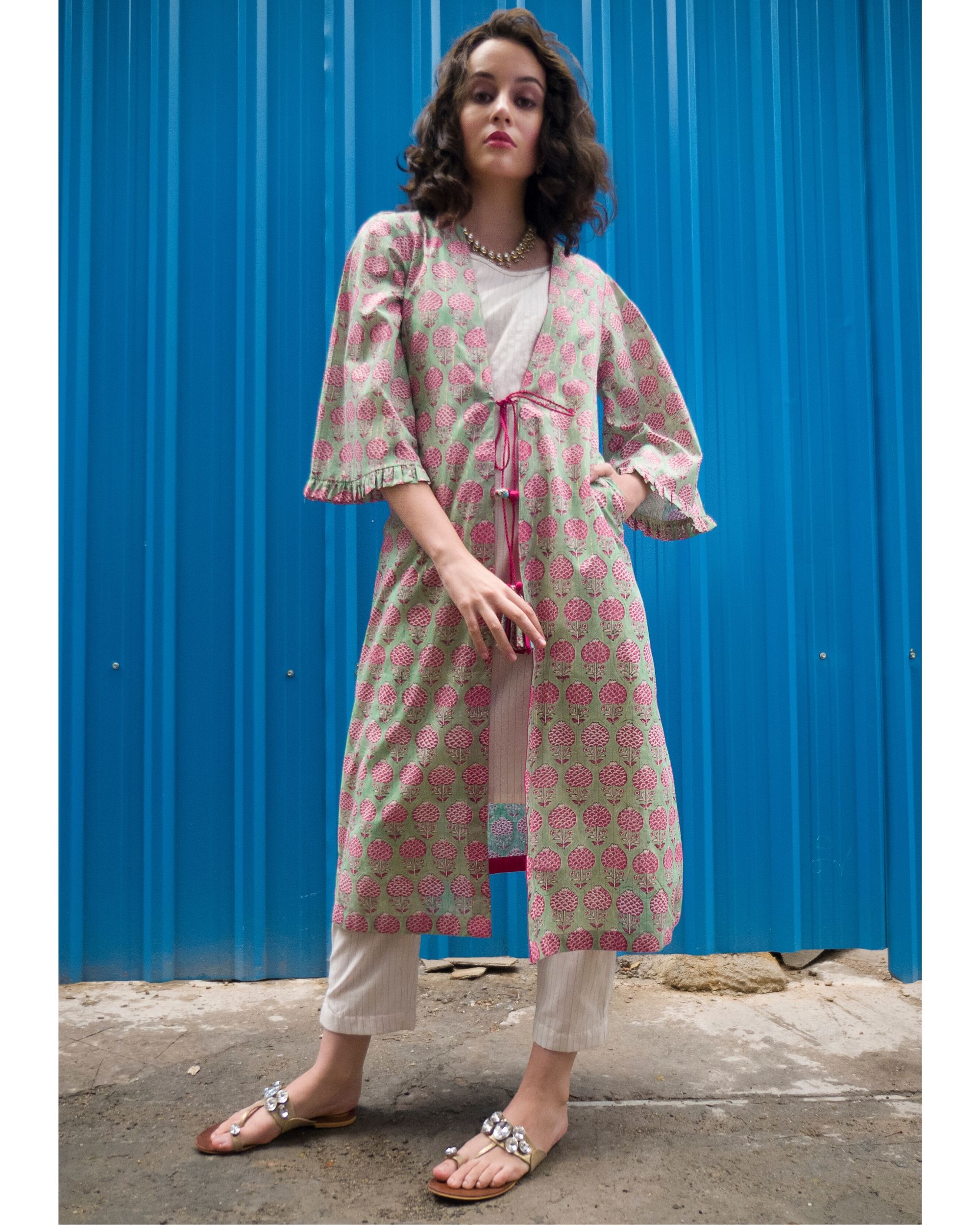 Ecru kurta and pants with pistachio cover-up- Set Of Three