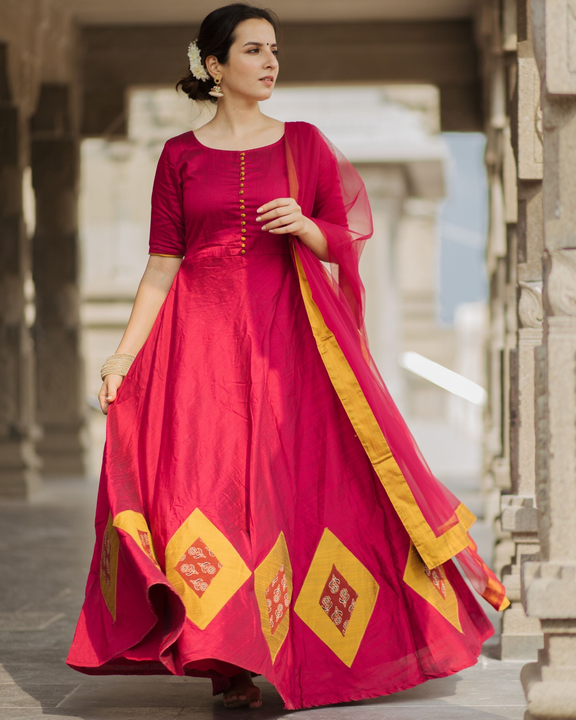 Magenta and mustard yellow kalamkari anarkali with dupatta- Set Of Two ...