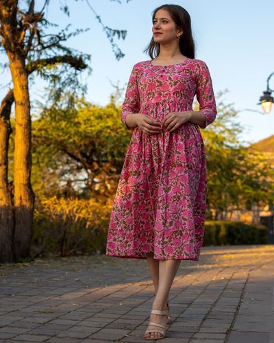 gathered midi dress with print