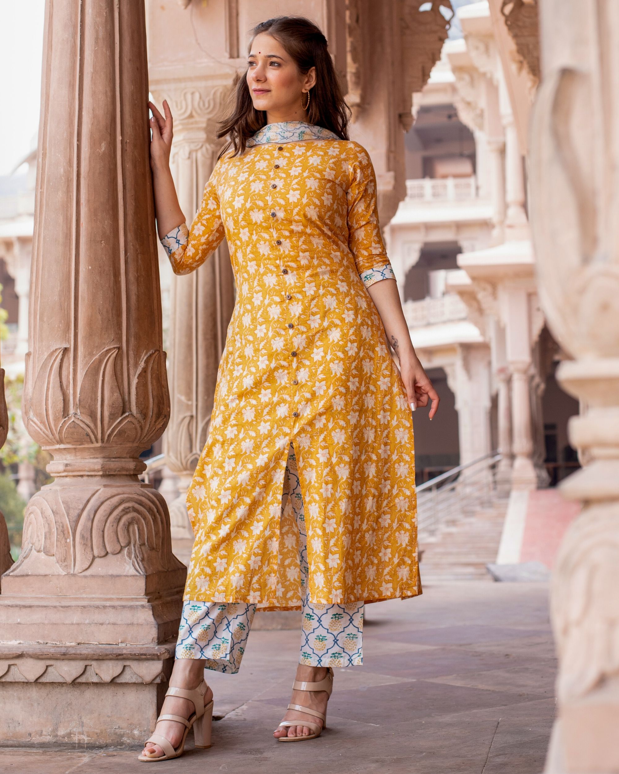 Mustard Yellow Floral Buttoned Kurta And Pants With Dupatta Set Of Three By The Anarkali Shop 4775