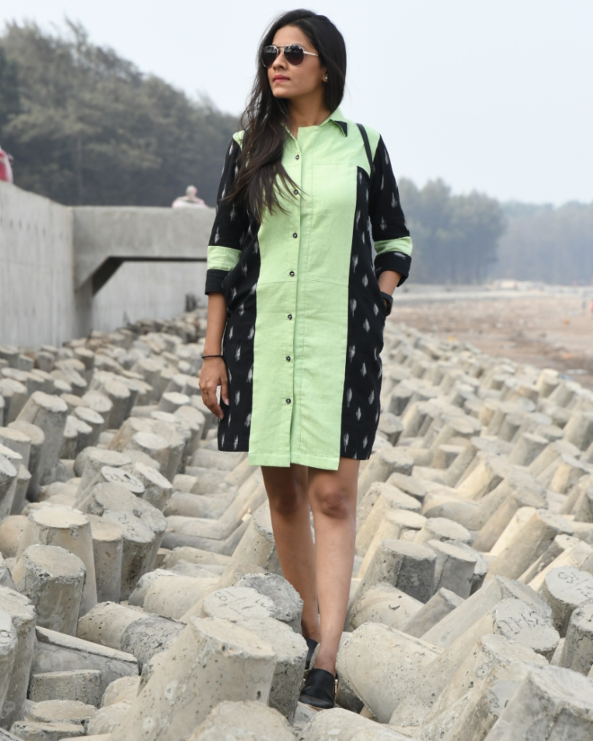 Light green and black ikat paneled shirt dress by Threeness The Secret Label