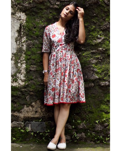 white dress with red floral print